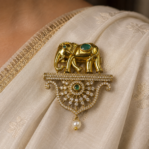 Harshini Emerald Green Elephant Saree Brooch