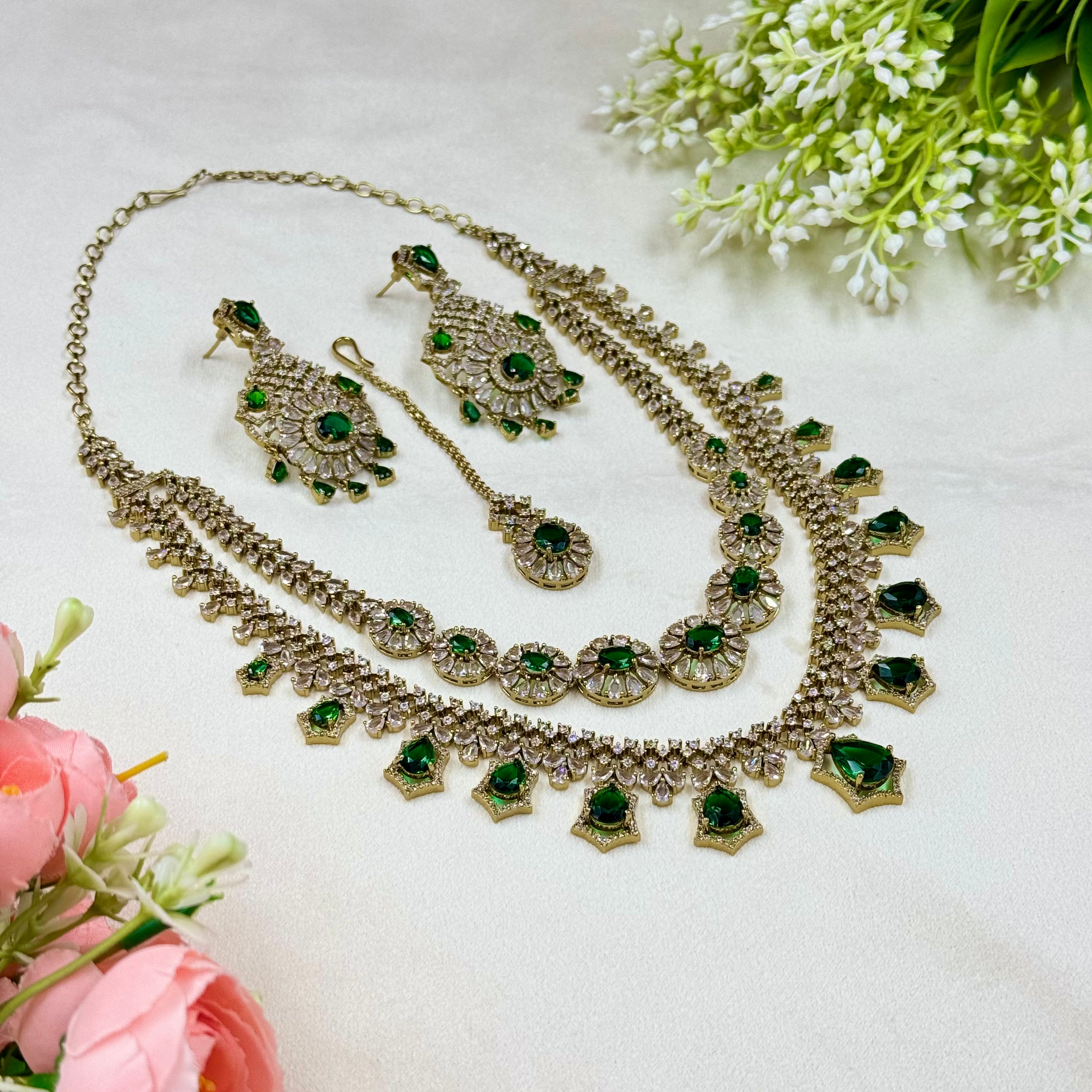 Victorian Green American Diamond Necklace  Antique Bridal Elegance