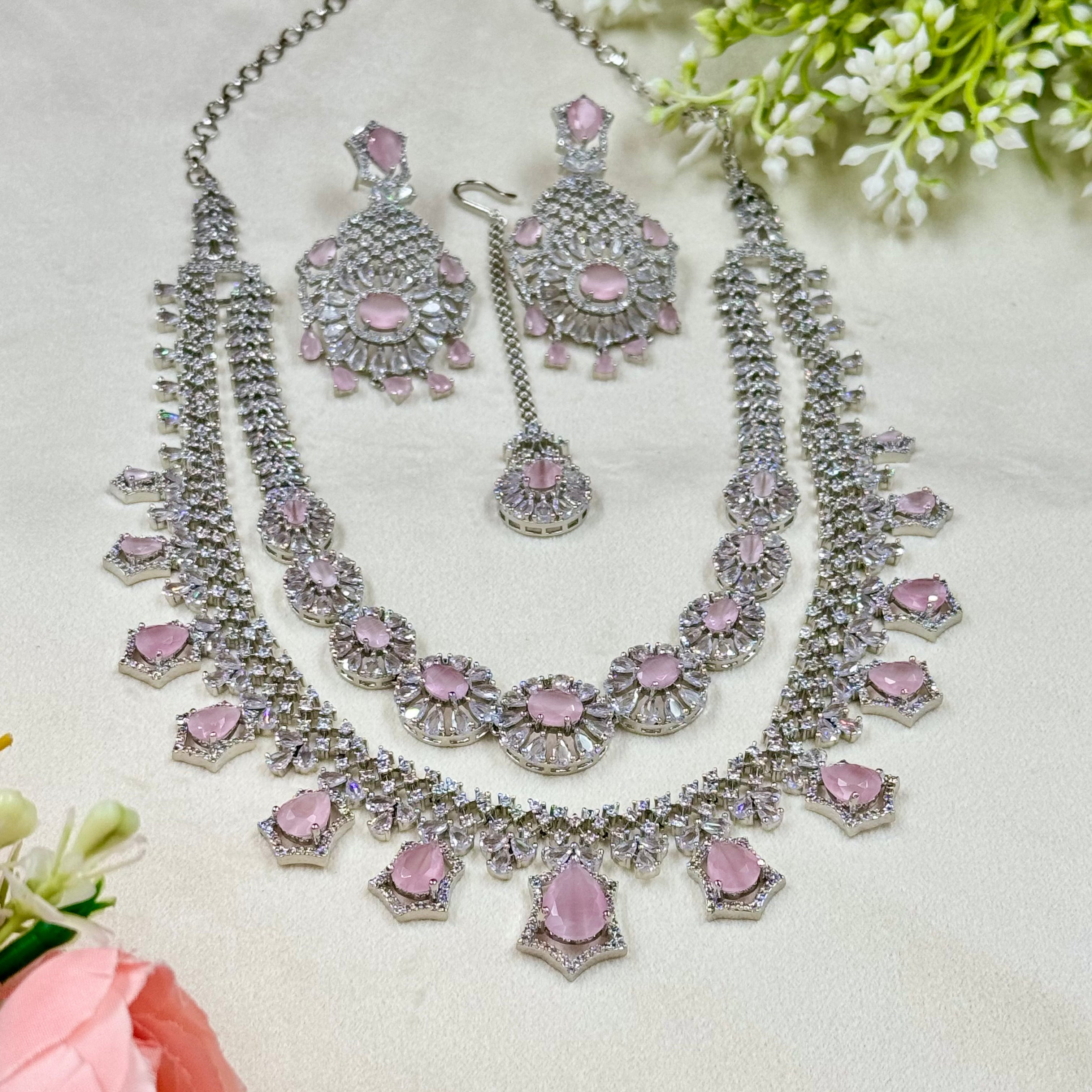 Blush Pink American Diamond Necklace Soft Bridal Luxury Jewellery