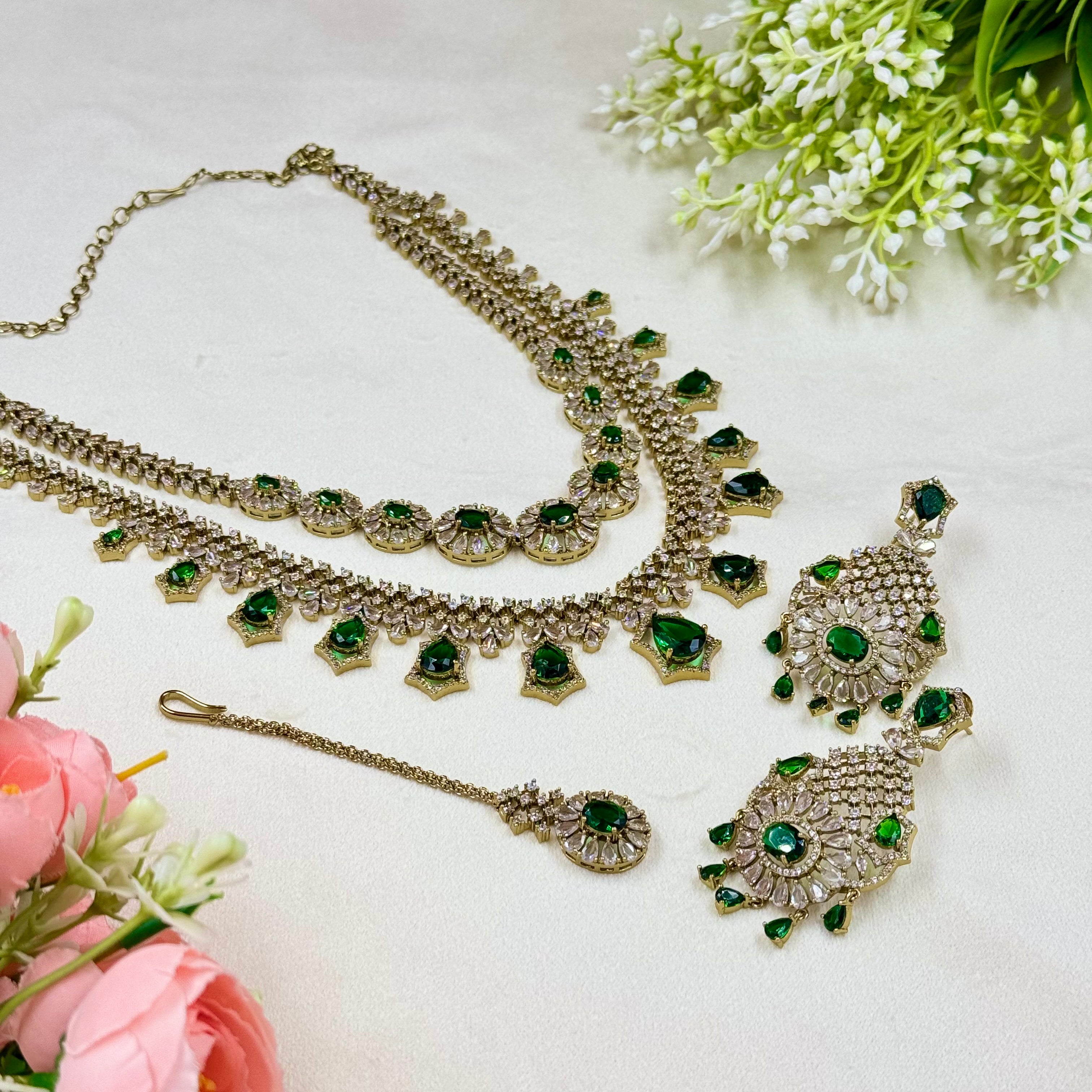 Victorian Green American Diamond Necklace  Antique Bridal Elegance