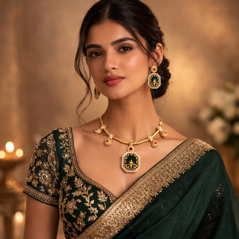 Woman wearing a green saree with gold embroidery and jewelry against a warm-toned background