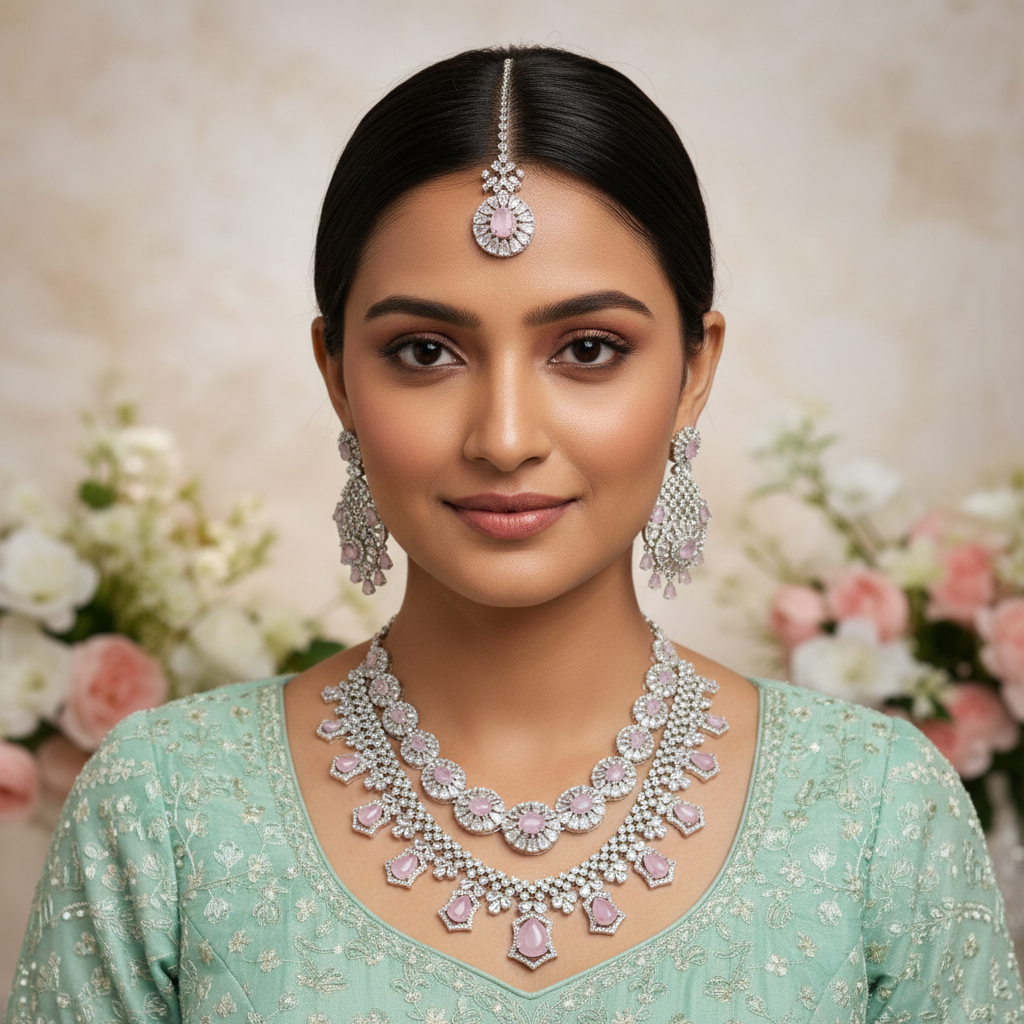 Blush Pink American Diamond Necklace Soft Bridal Luxury Jewellery