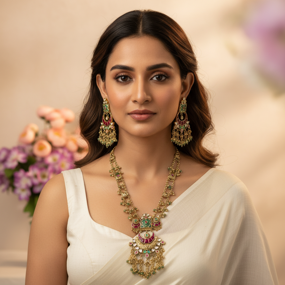 Woman wearing gold jewelry with a blurred floral background