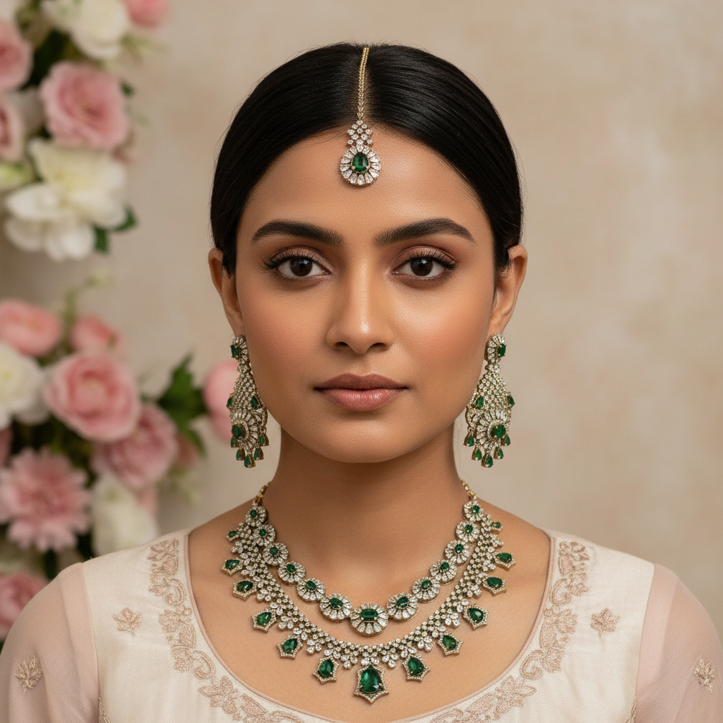 Victorian Green American Diamond Necklace  Antique Bridal Elegance