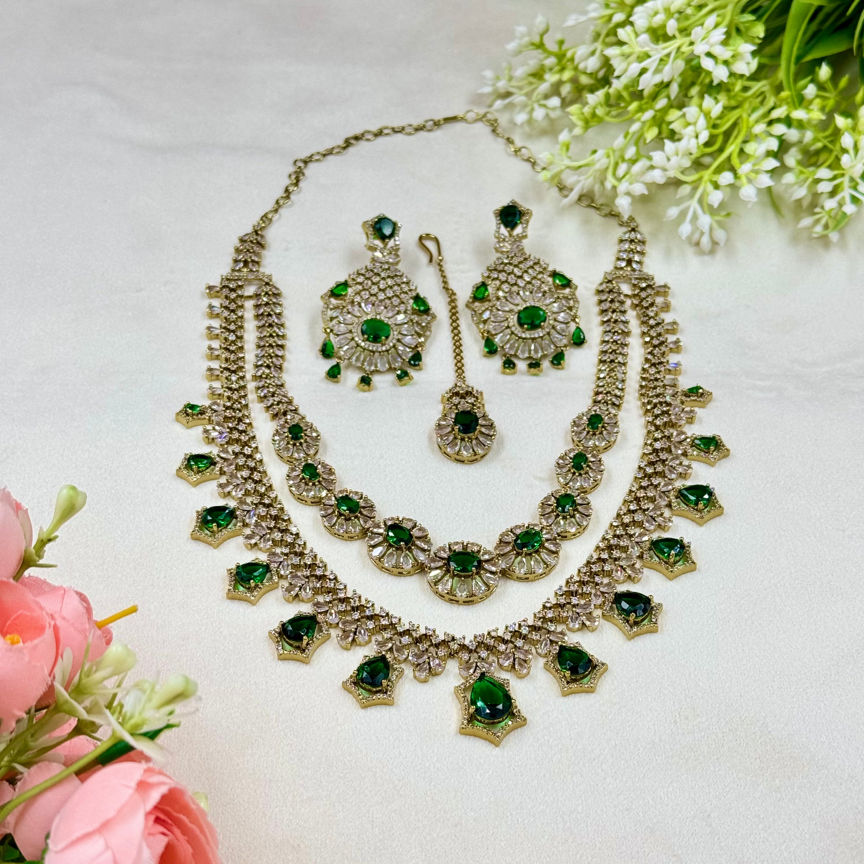Victorian Green American Diamond Necklace  Antique Bridal Elegance