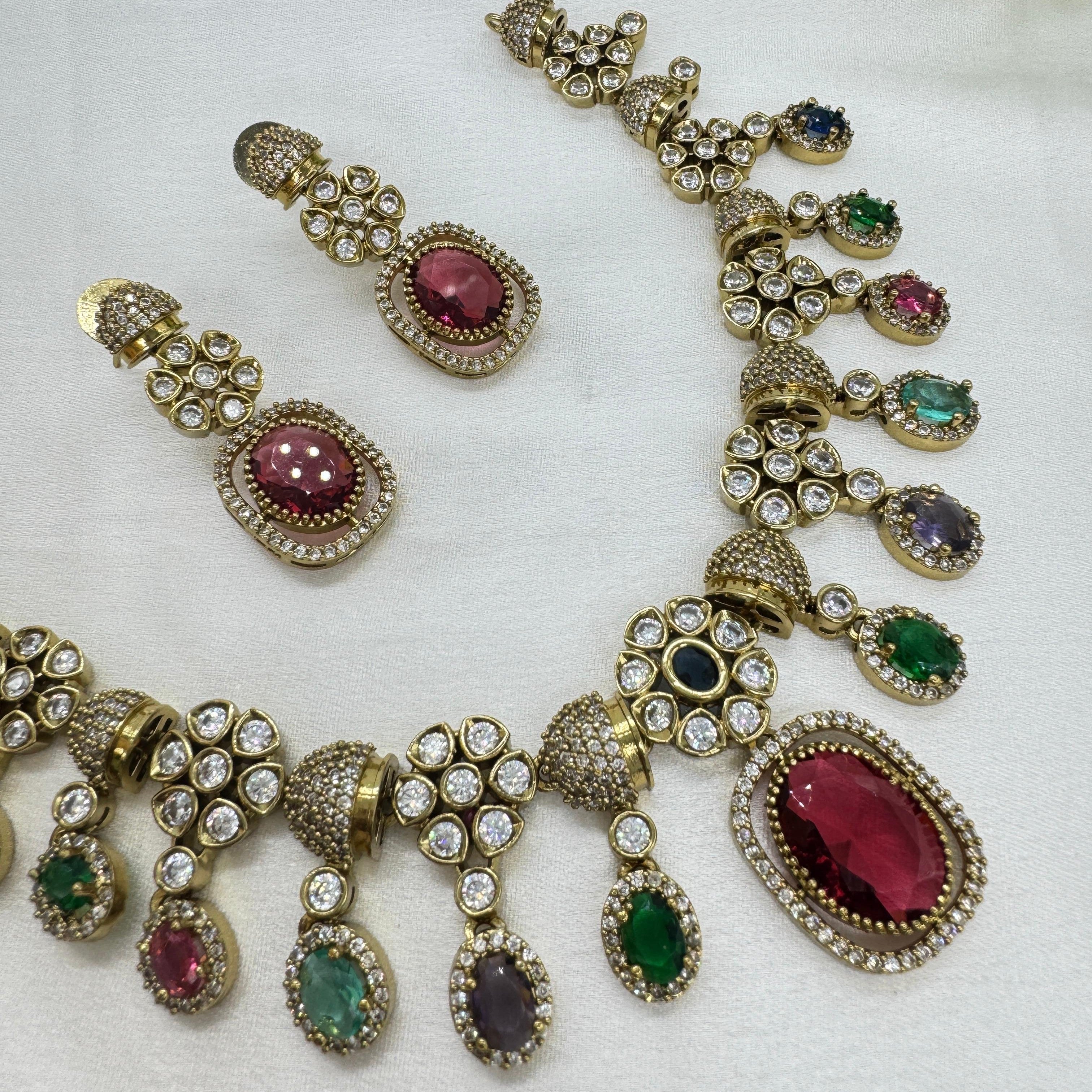 Victorian Mix Color Kundan Necklace Earrings Set