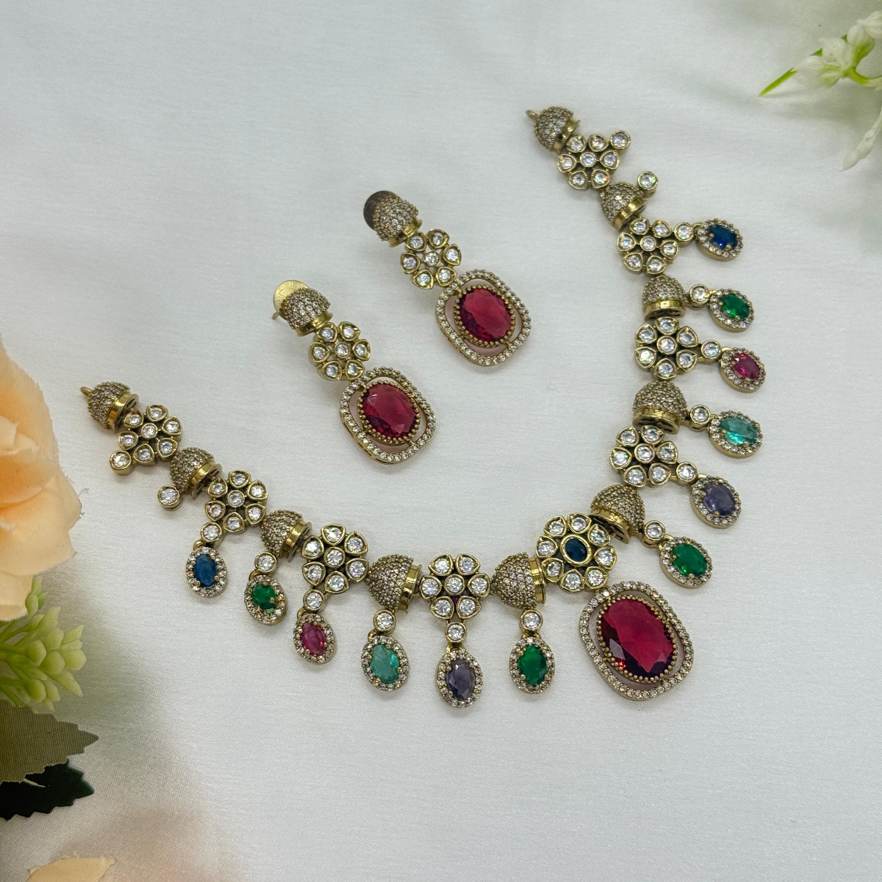 Victorian Mix Color Kundan Necklace Earrings Set