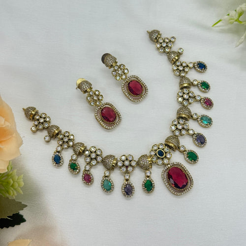 Harini Mix Color Victorian Necklace Set for Bridal Wear, alternate angle