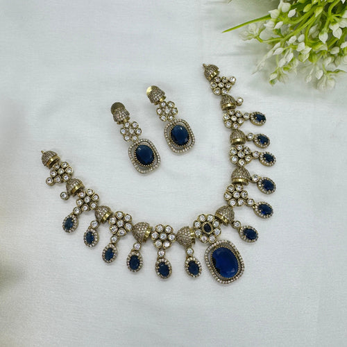Victorian Blue Kundan Necklace Earrings Set