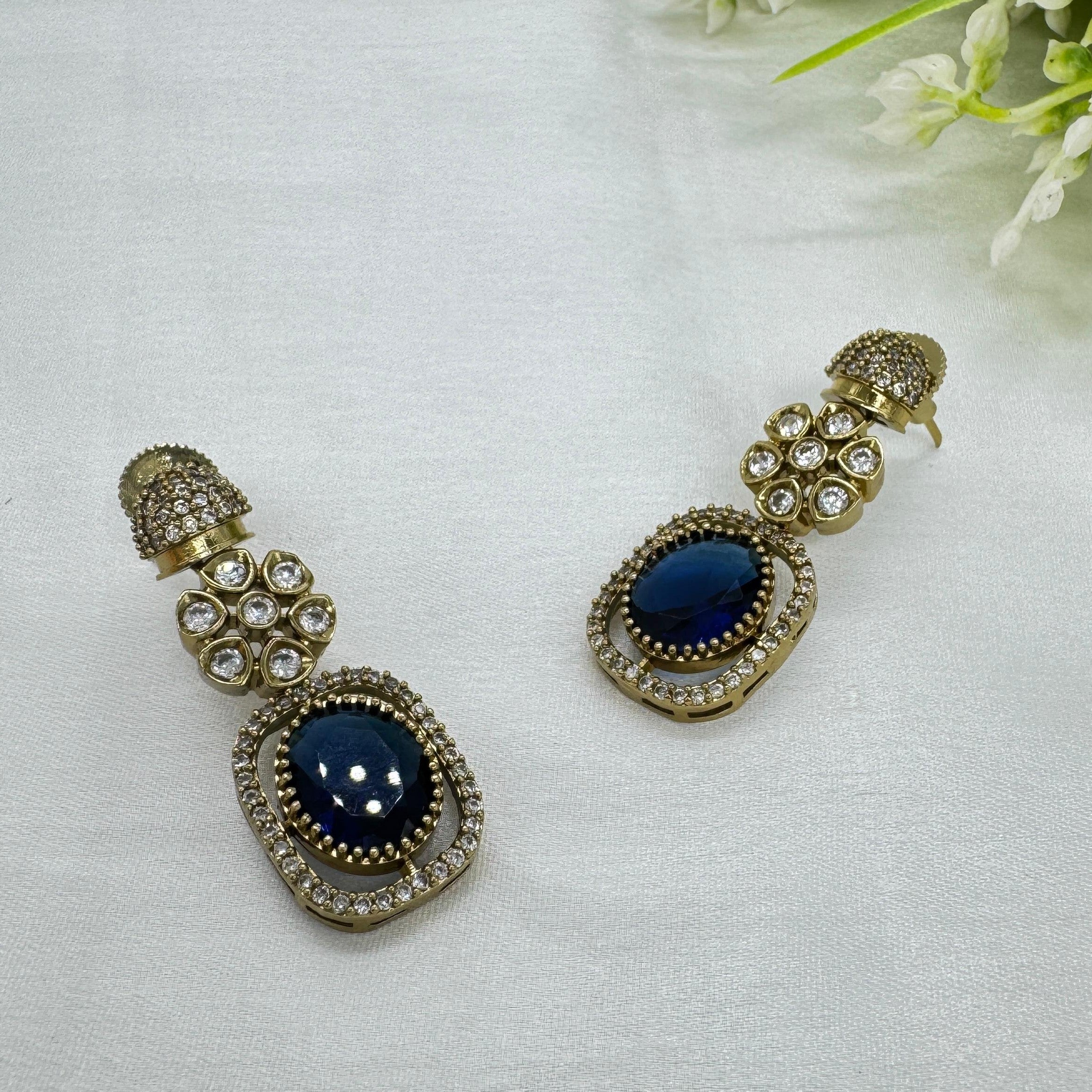 Victorian Blue Kundan Necklace Earrings Set