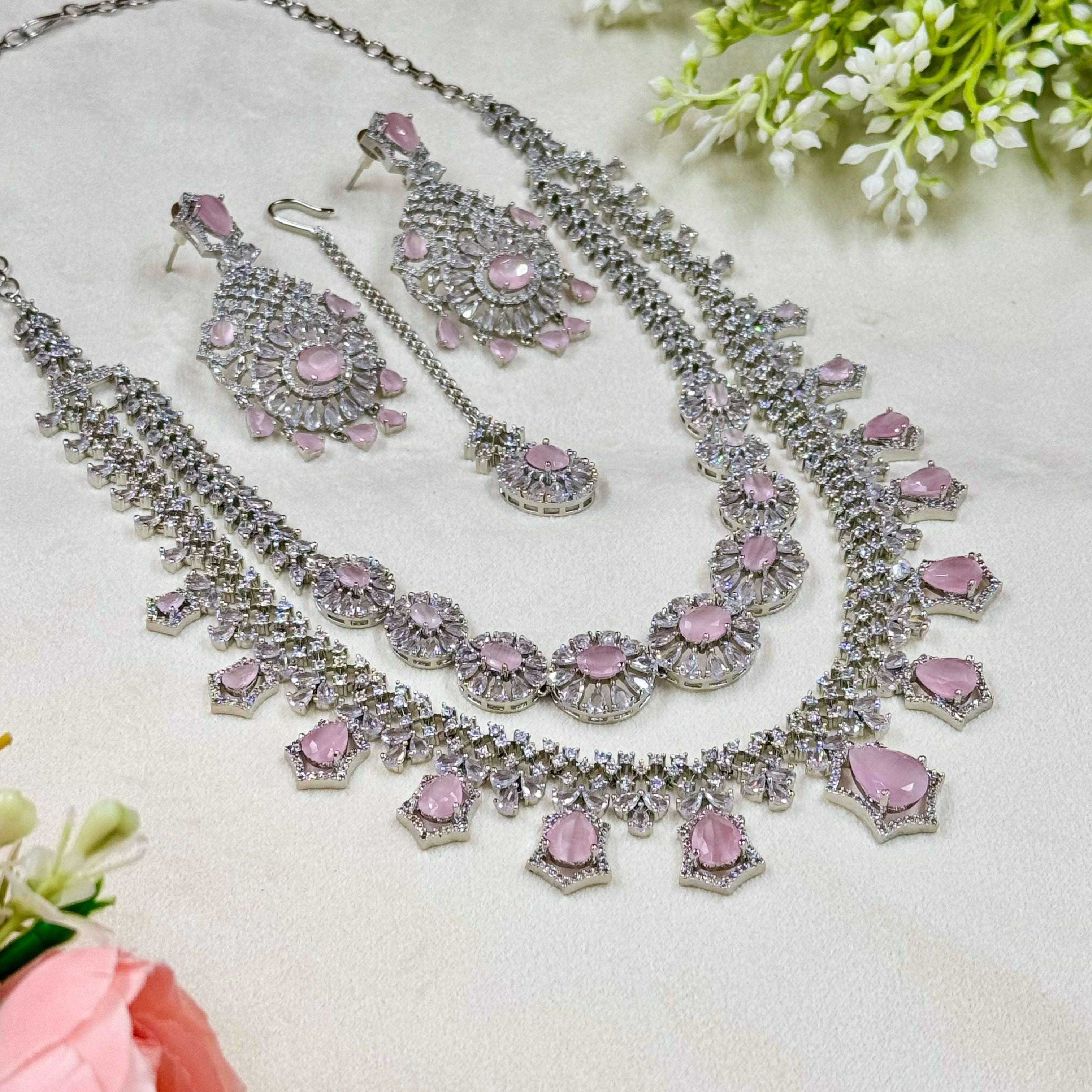 Blush Pink American Diamond Necklace Soft Bridal Luxury Jewellery
