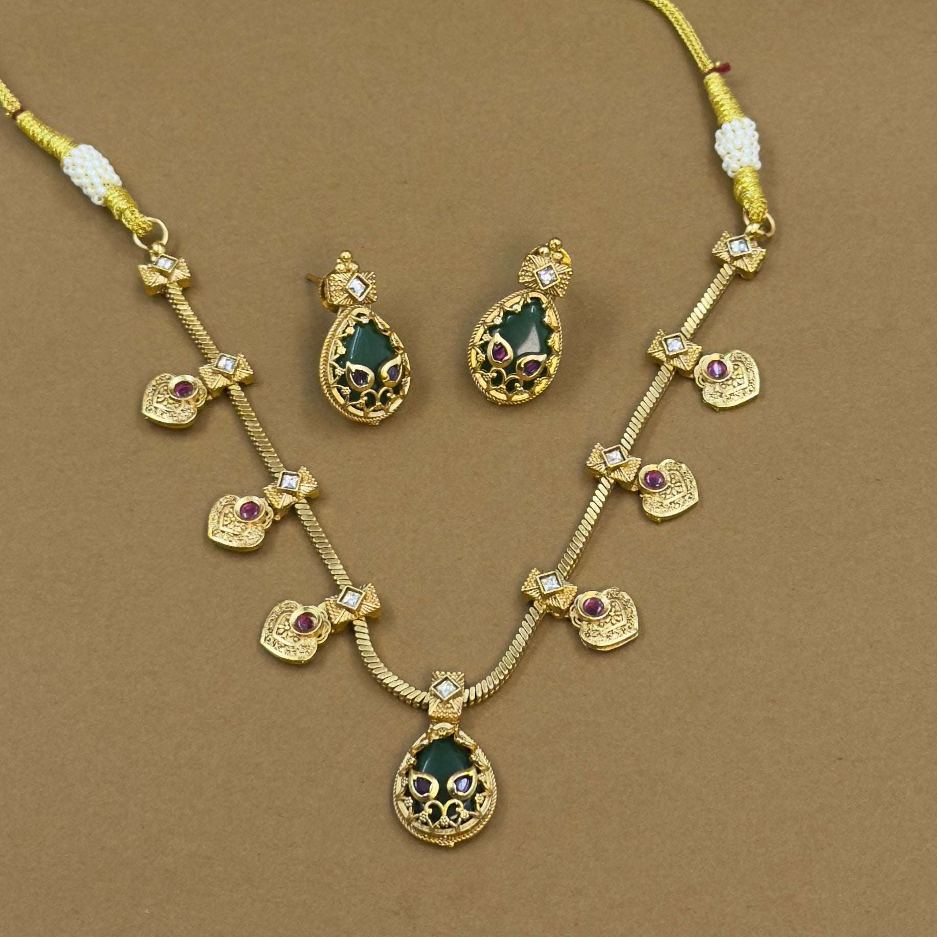 Mrinika Green Kundan Necklace Set for Daily Wear