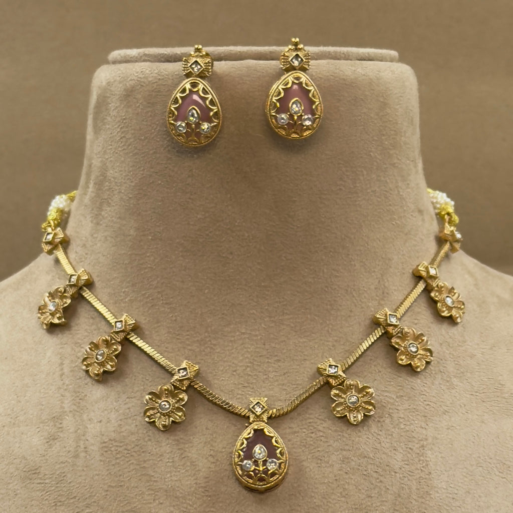 Ishanvi Pink Kundan Necklace Set for Daily Wear