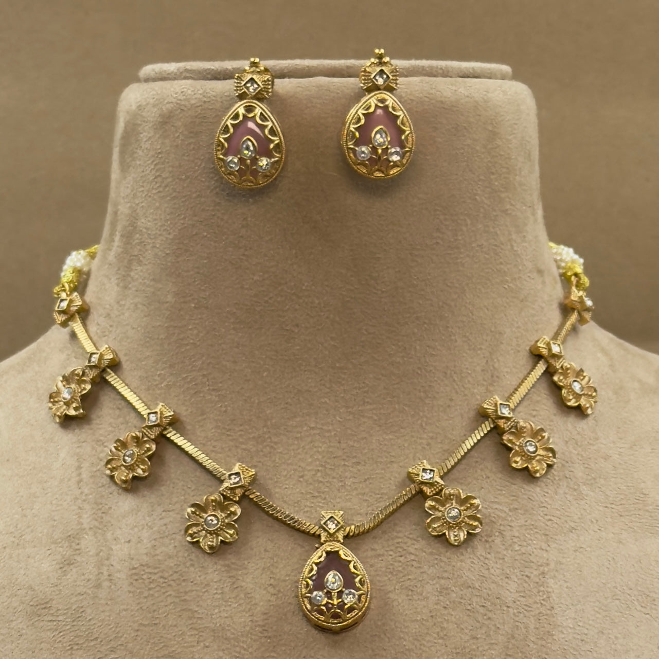Ishanvi Pink Kundan Necklace Set for Daily Wear