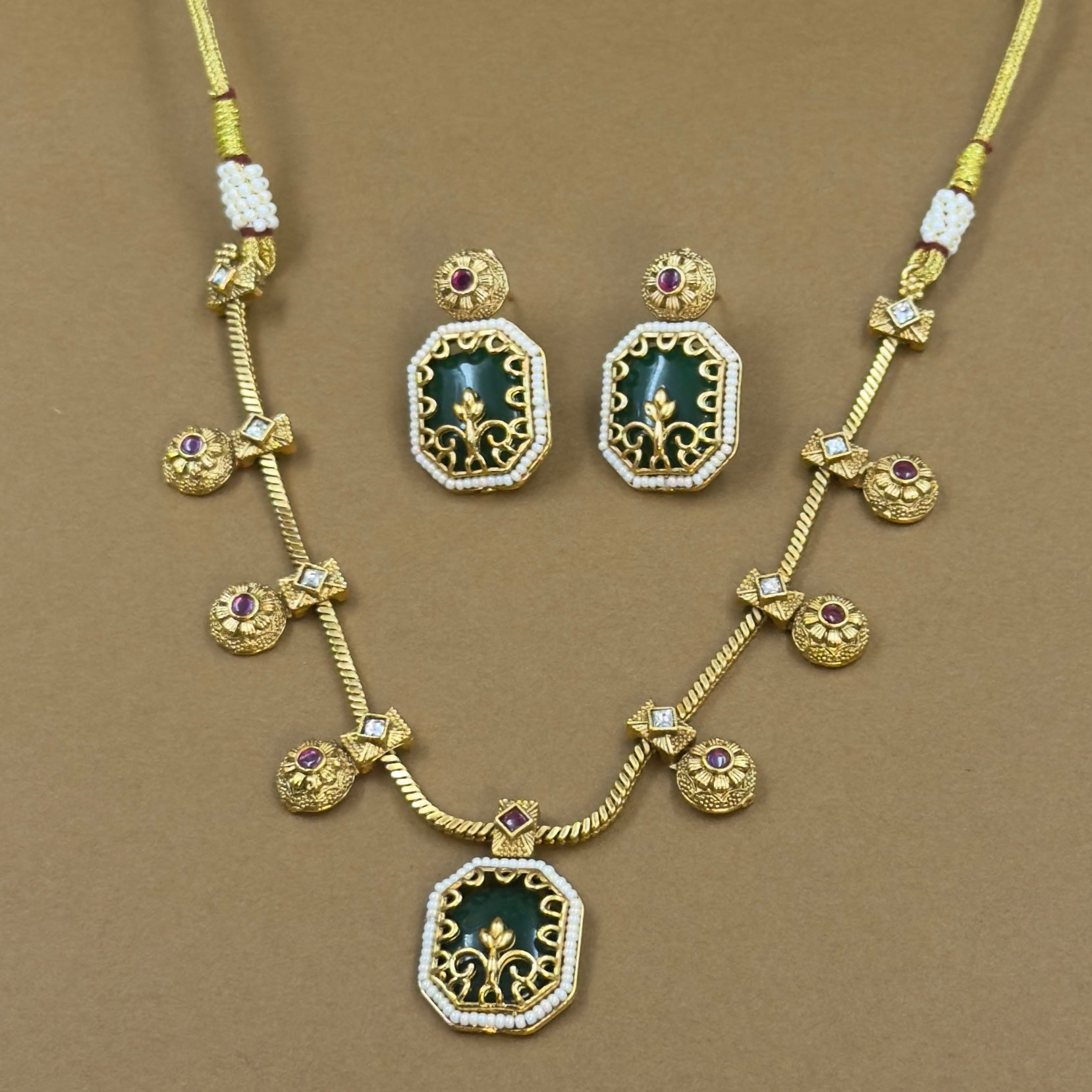 Ritanshika Green Kundan Necklace Set for Daily Wear