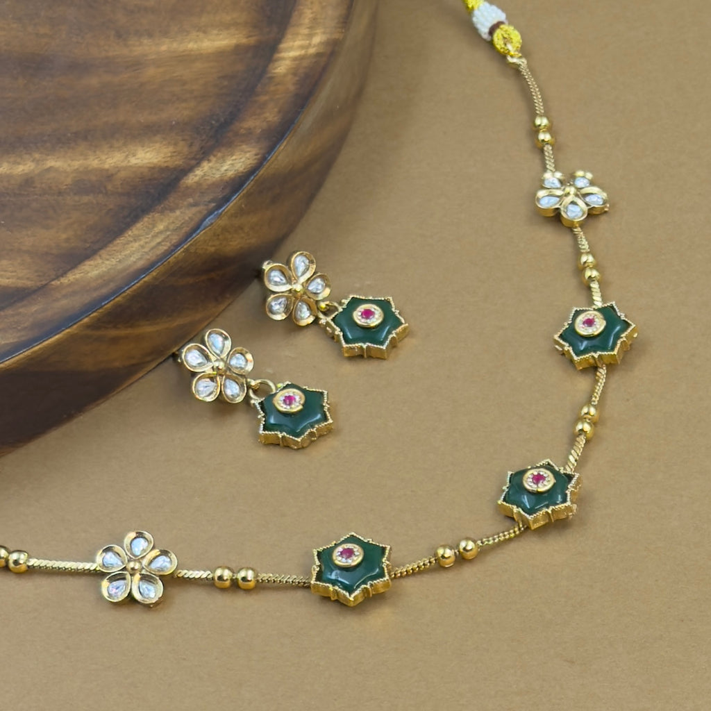 Vedashri Green Kundan Necklace Set for Daily Wear
