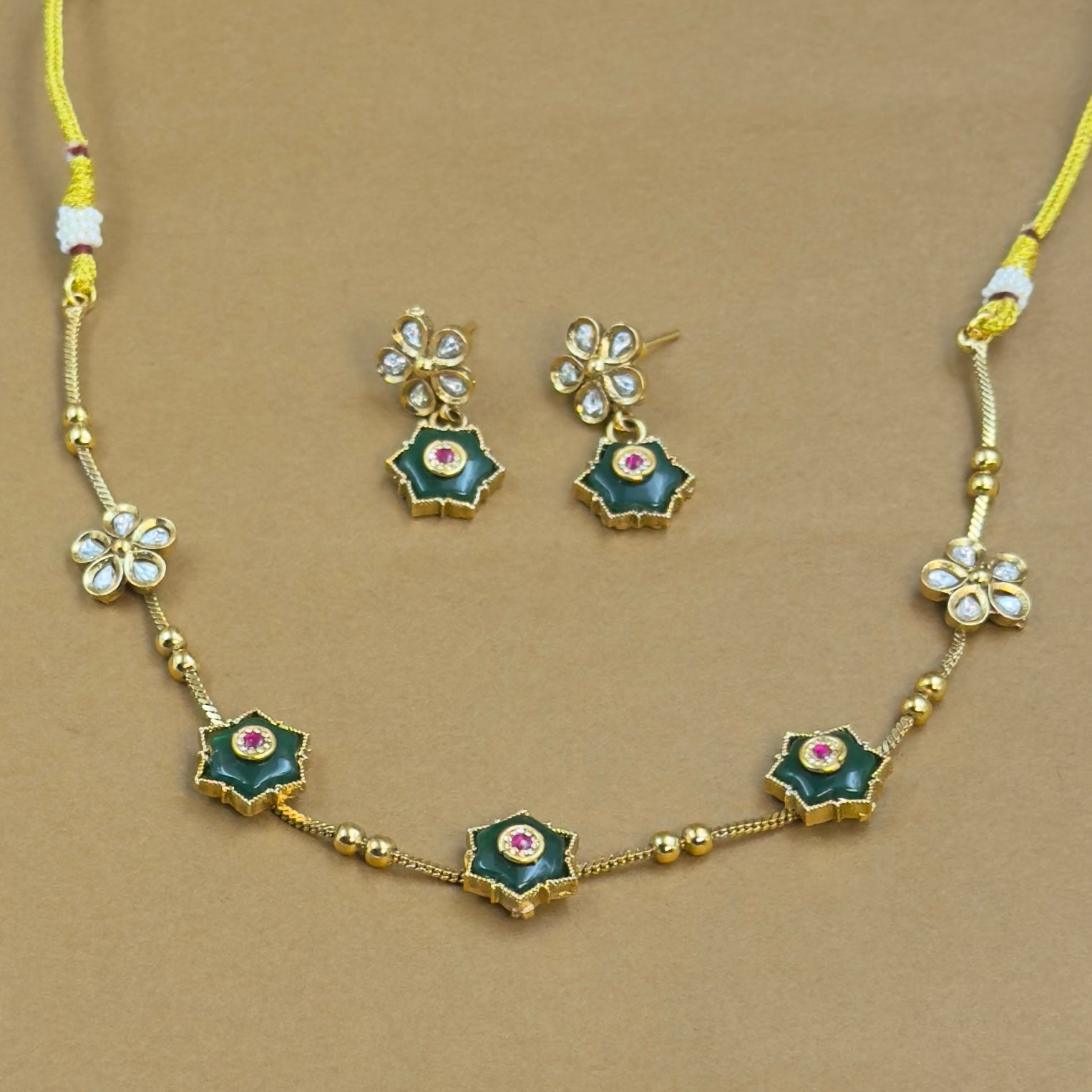 Vedashri Green Kundan Necklace Set for Daily Wear