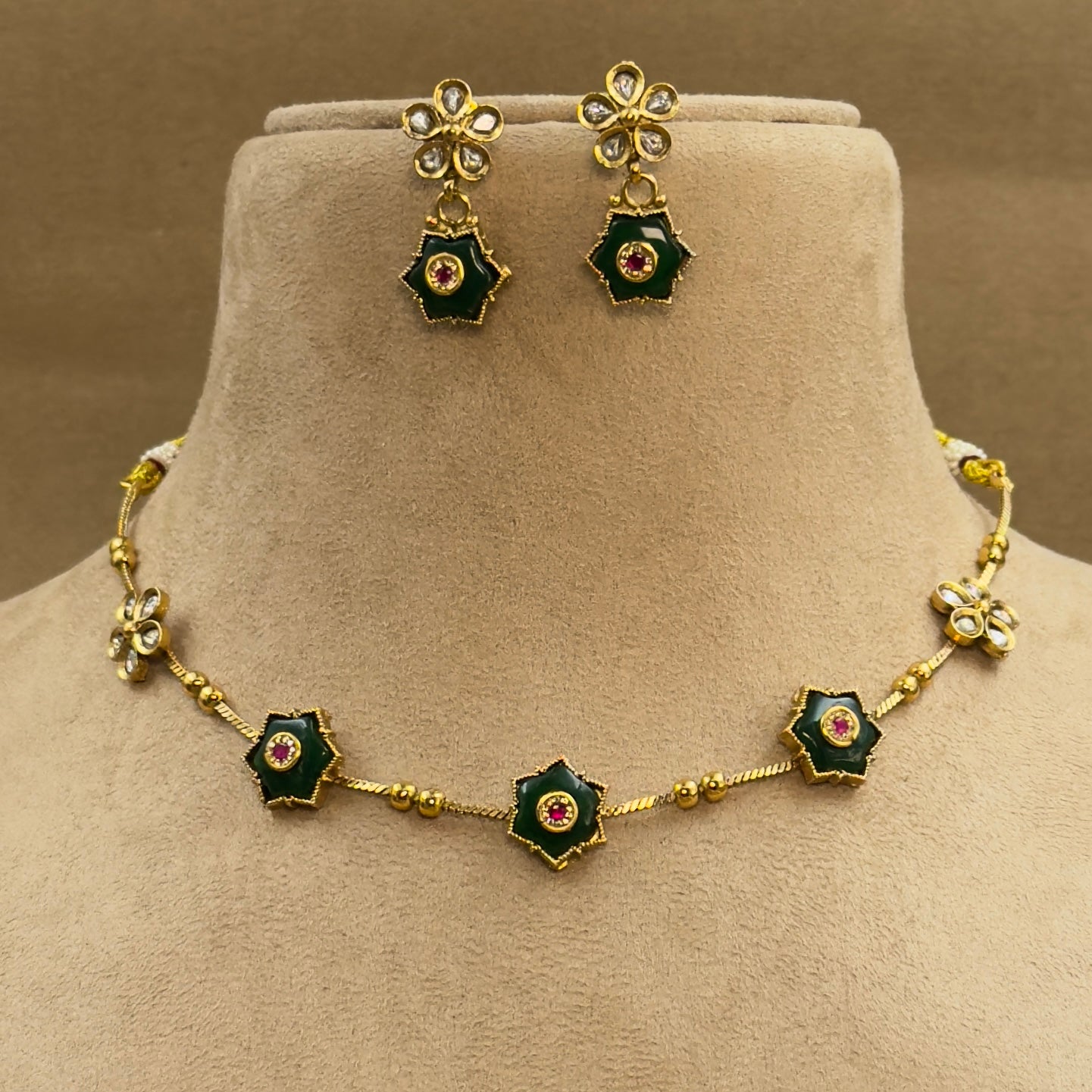 Vedashri Green Kundan Necklace Set for Daily Wear