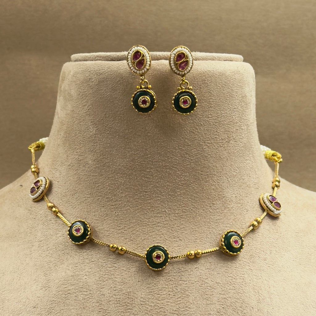 Pranvika Green Kundan Necklace Set for Daily Wear