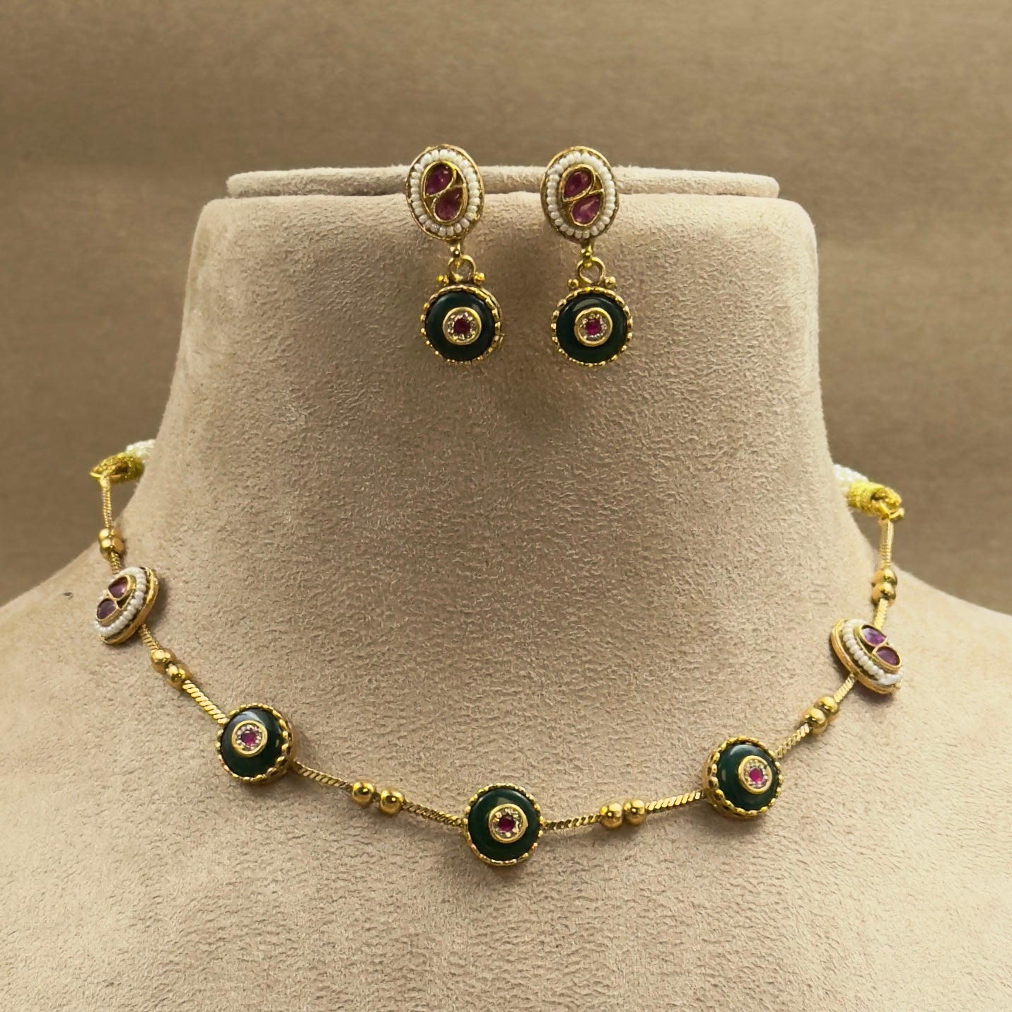 Pranvika Green Kundan Necklace Set for Daily Wear