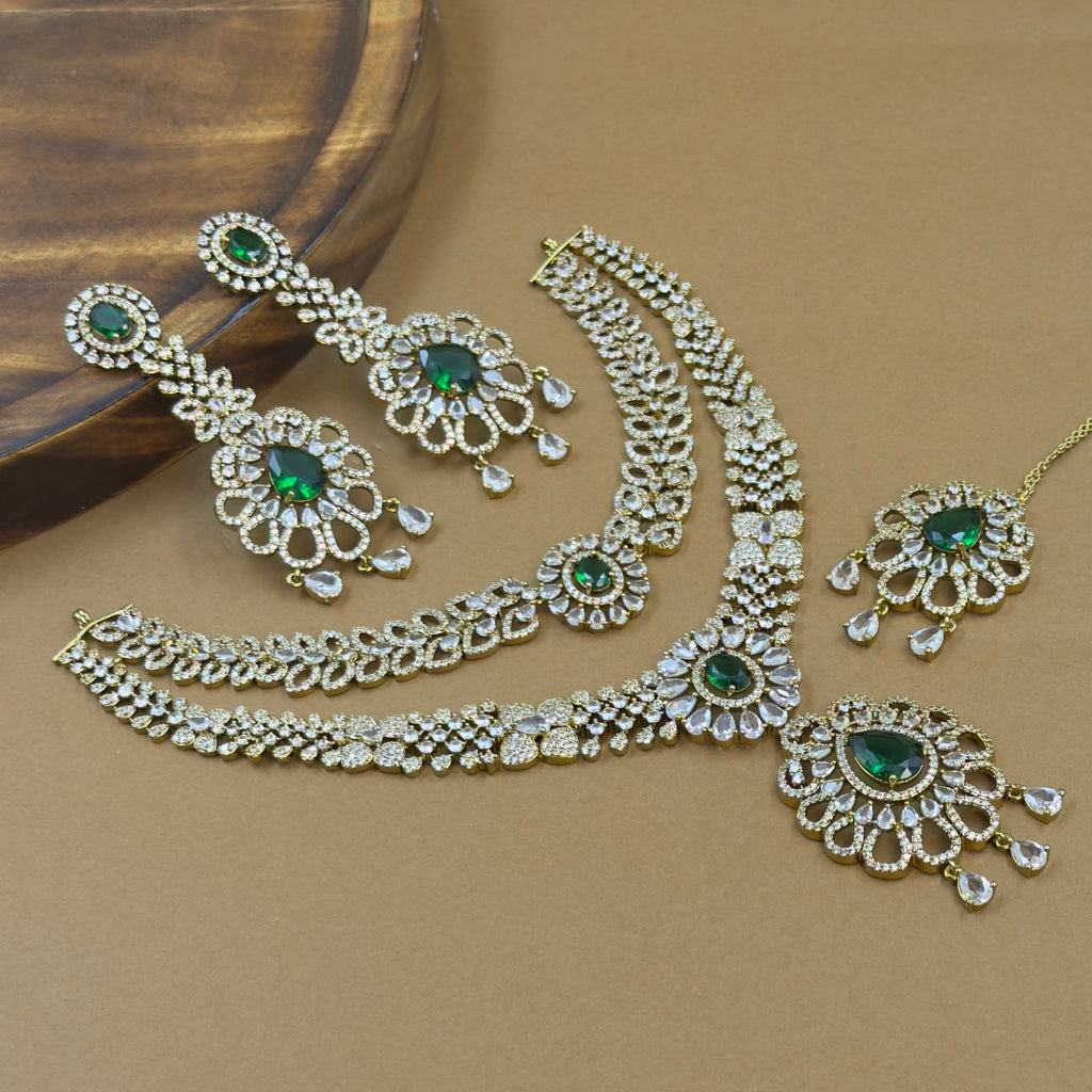 Iravika Green Diamond Necklace Set for Bridal Wear