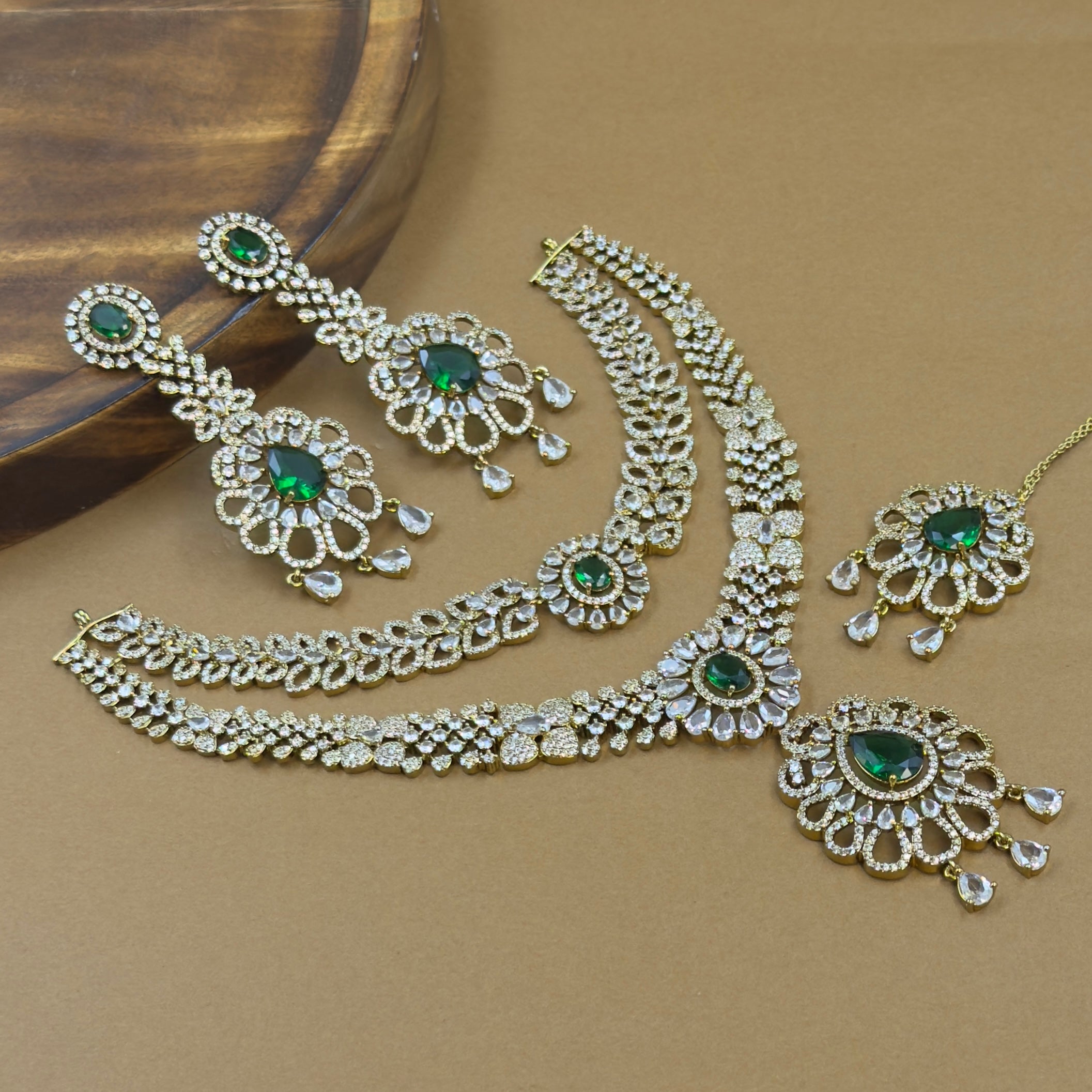 Iravika Green Diamond Necklace Set for Bridal Wear
