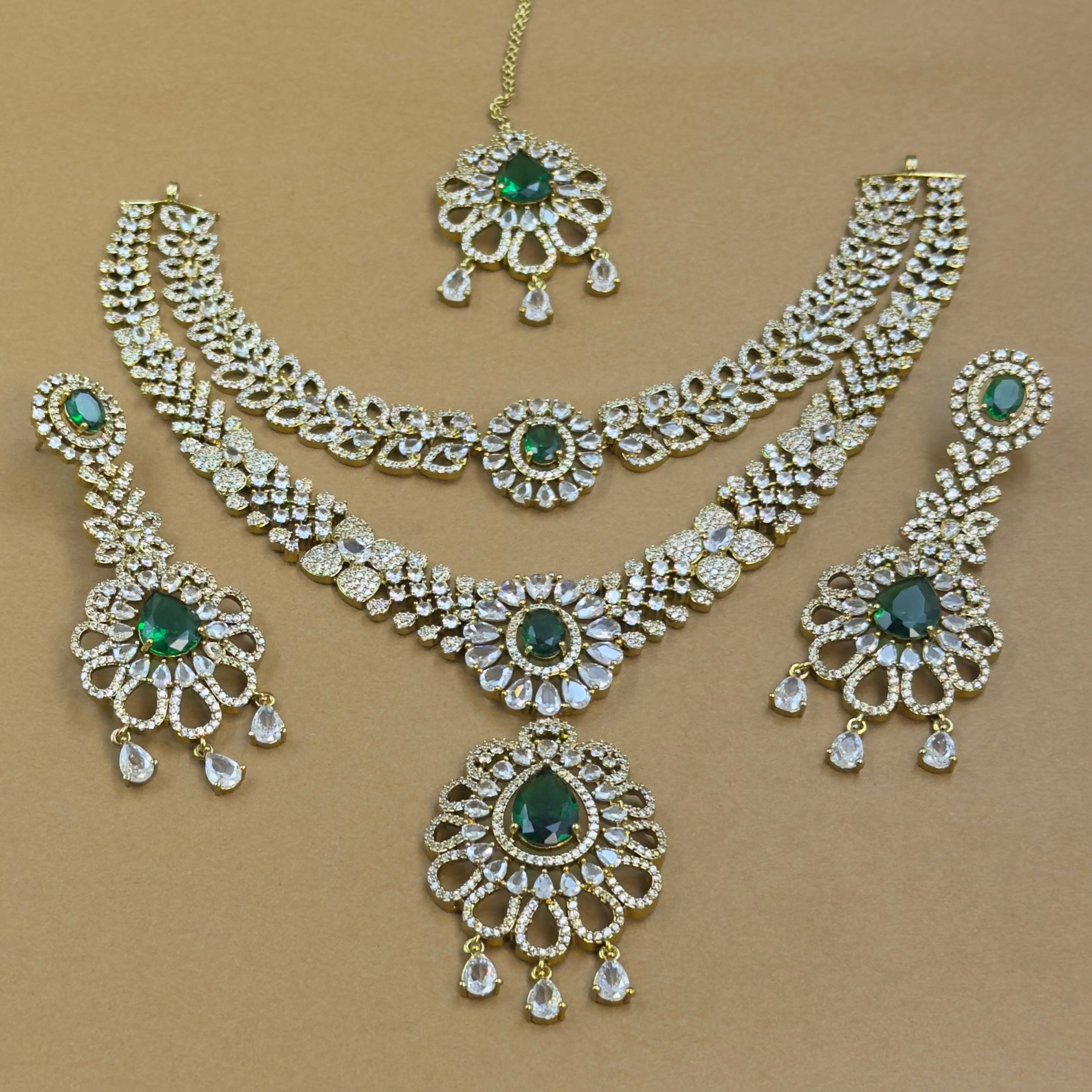 Iravika Green Diamond Necklace Set for Bridal Wear