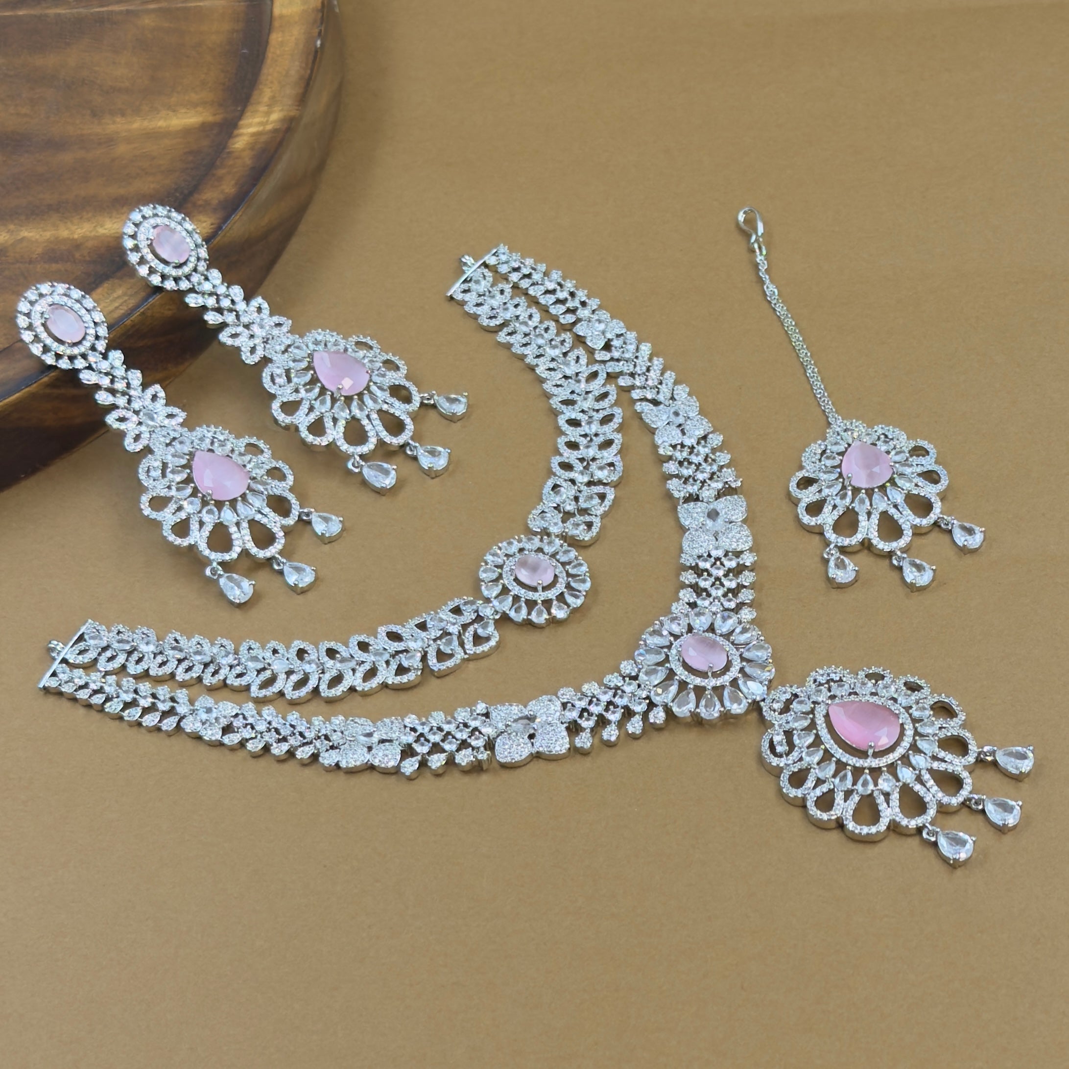 Ishanvika Pink Diamond Necklace Set for Bridal Wear