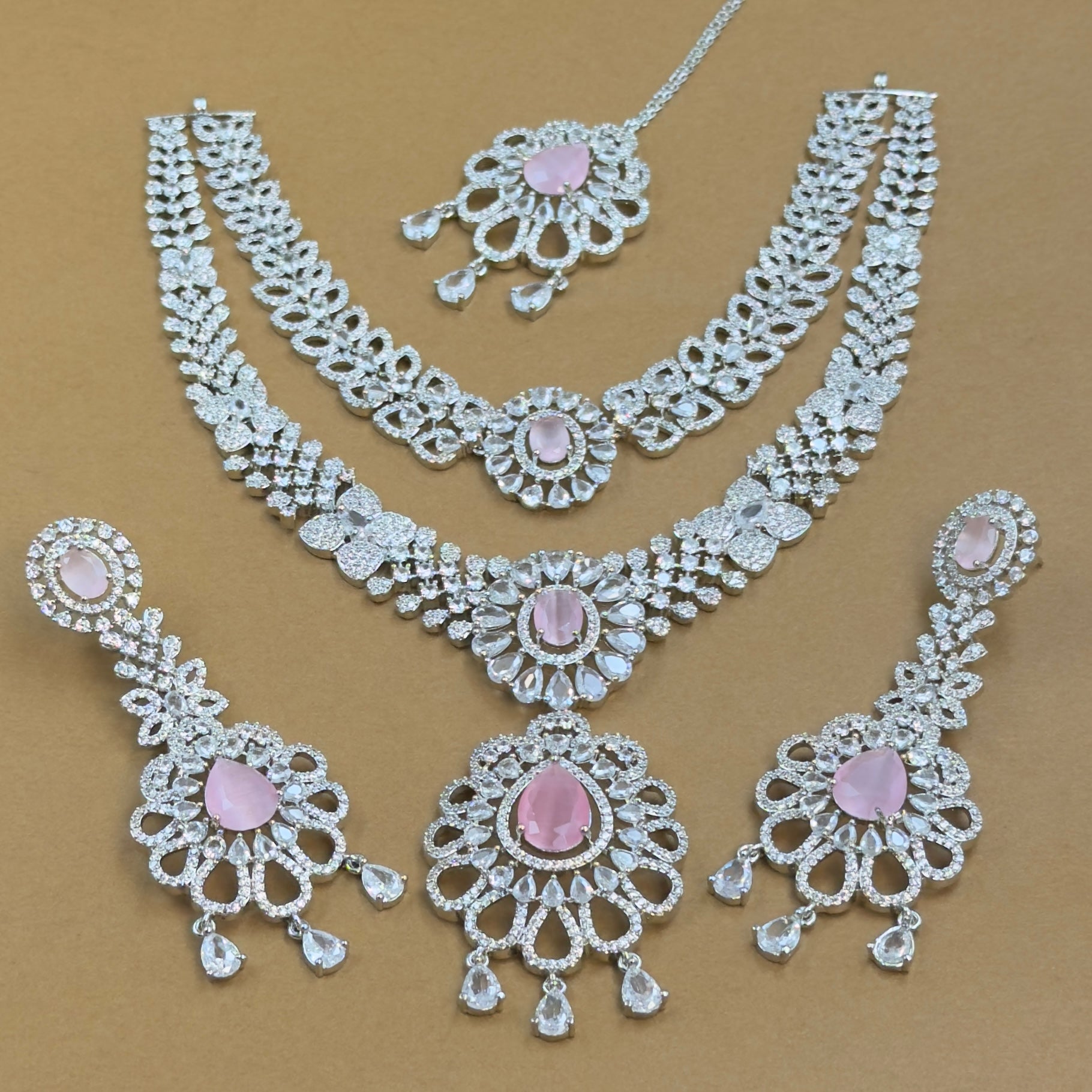 Ishanvika Pink Diamond Necklace Set for Bridal Wear