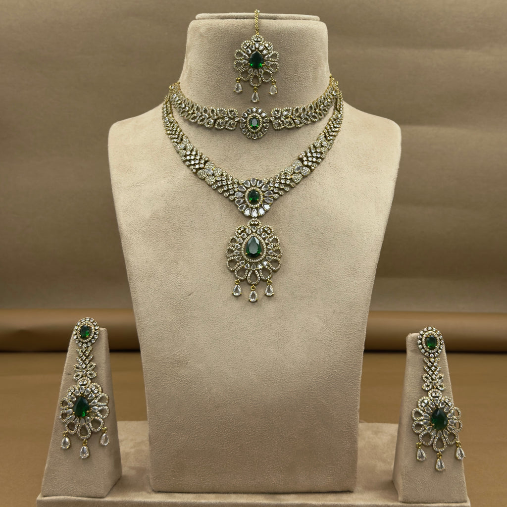 Iravika Green Diamond Necklace Set for Bridal Wear