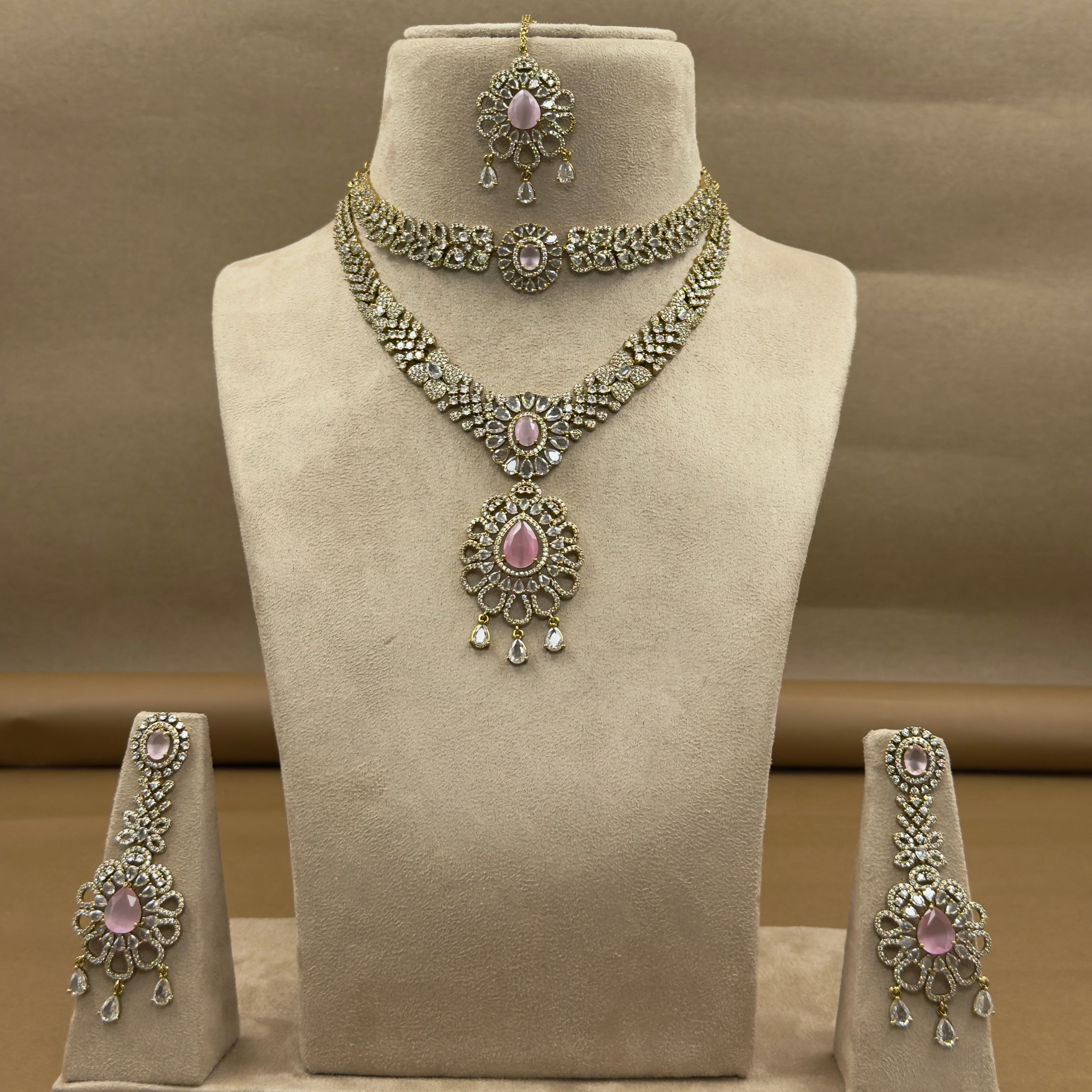 Yuktashri Pink Diamond Necklace Set for Bridal Wear