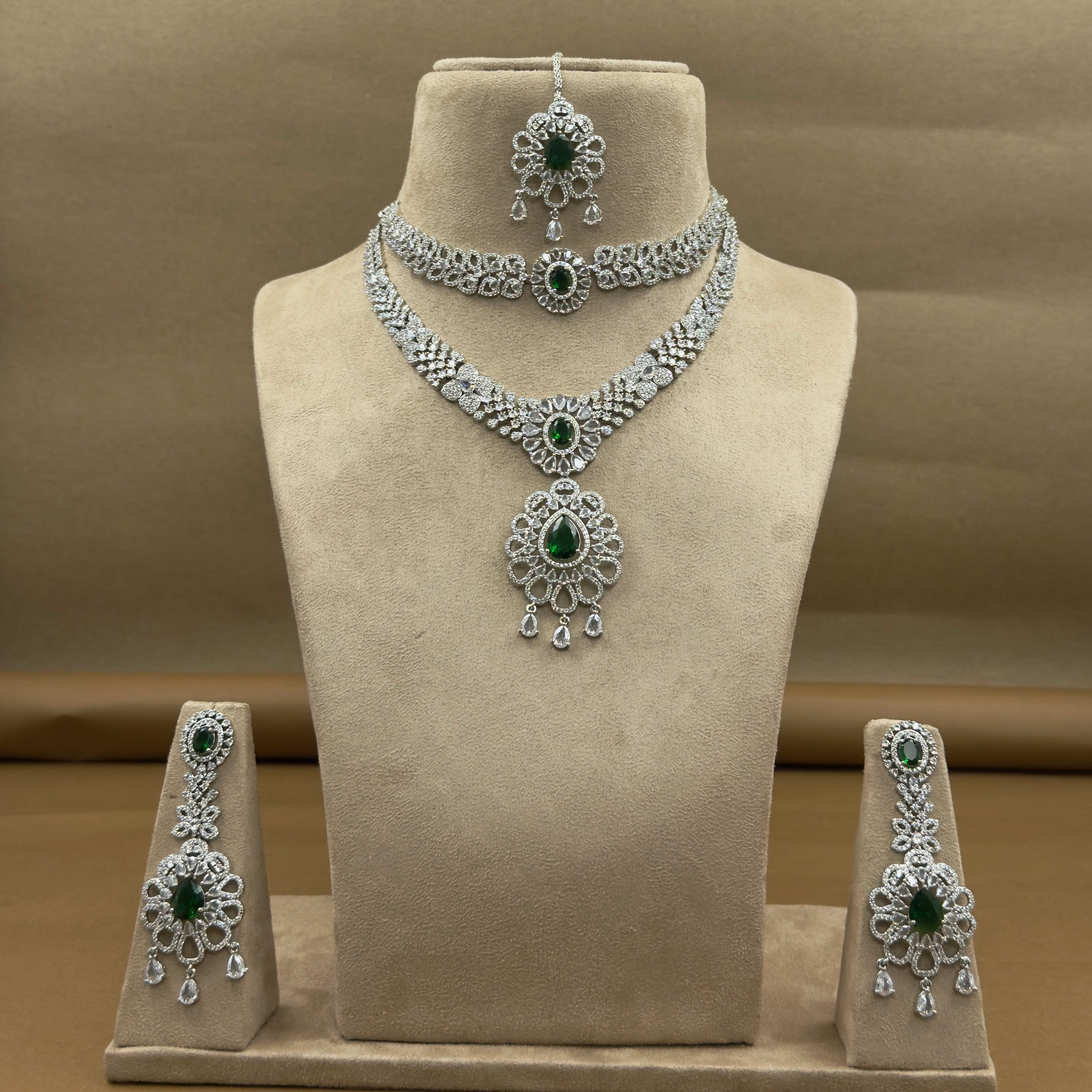 Tanvishka Green Diamond Necklace Set for Bridal Wear