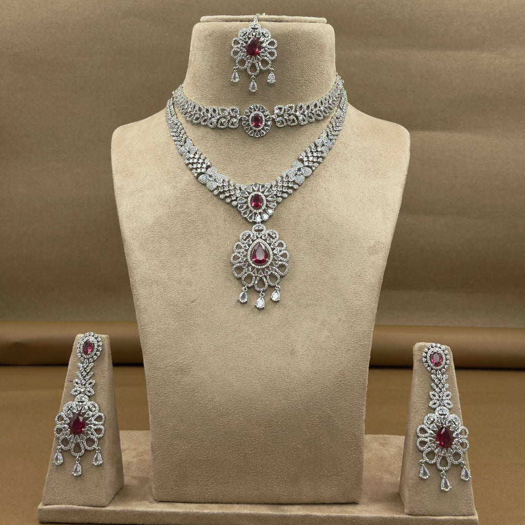 Aarunika Ruby Diamond Necklace Set for Bridal Wear