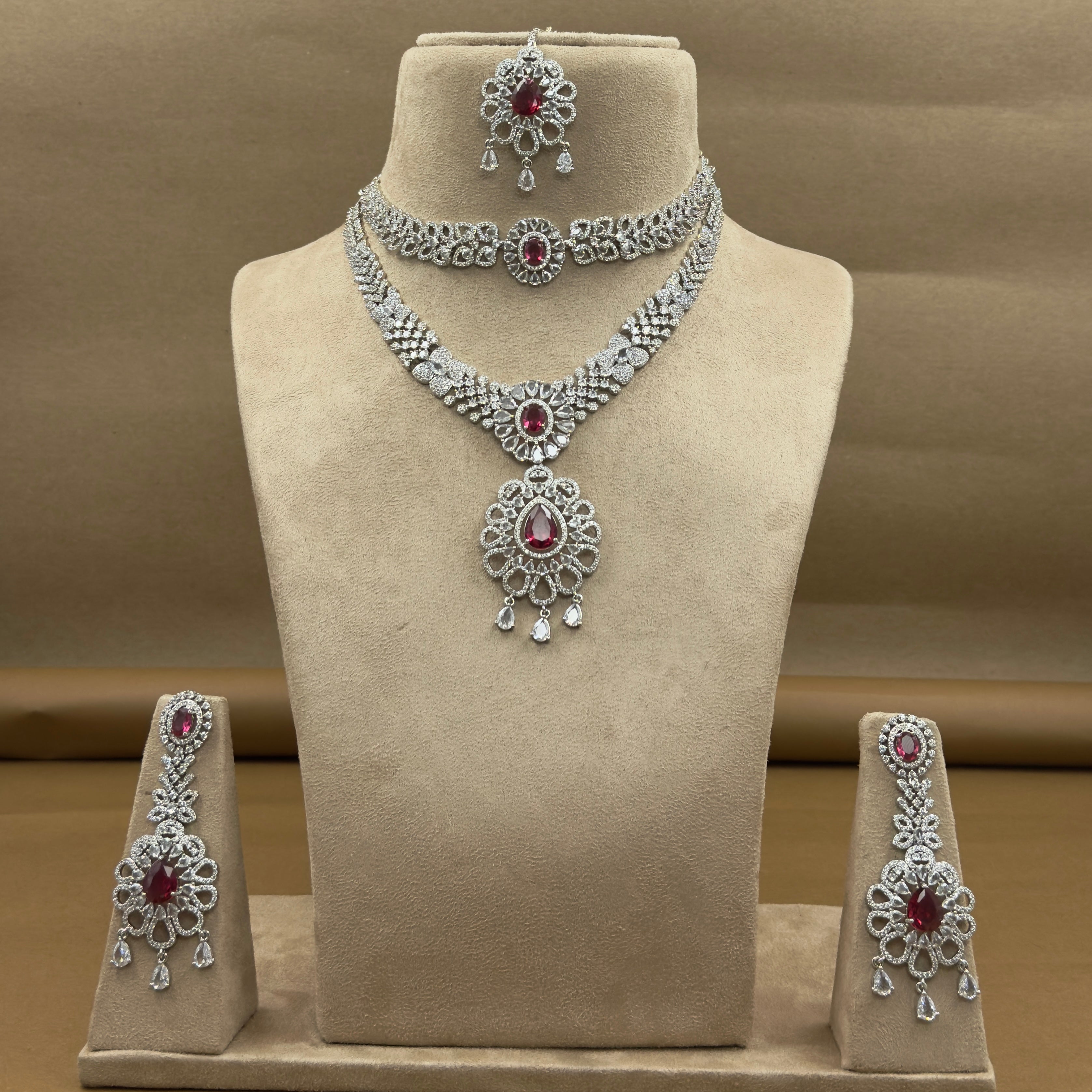 Aarunika Ruby Diamond Necklace Set for Bridal Wear
