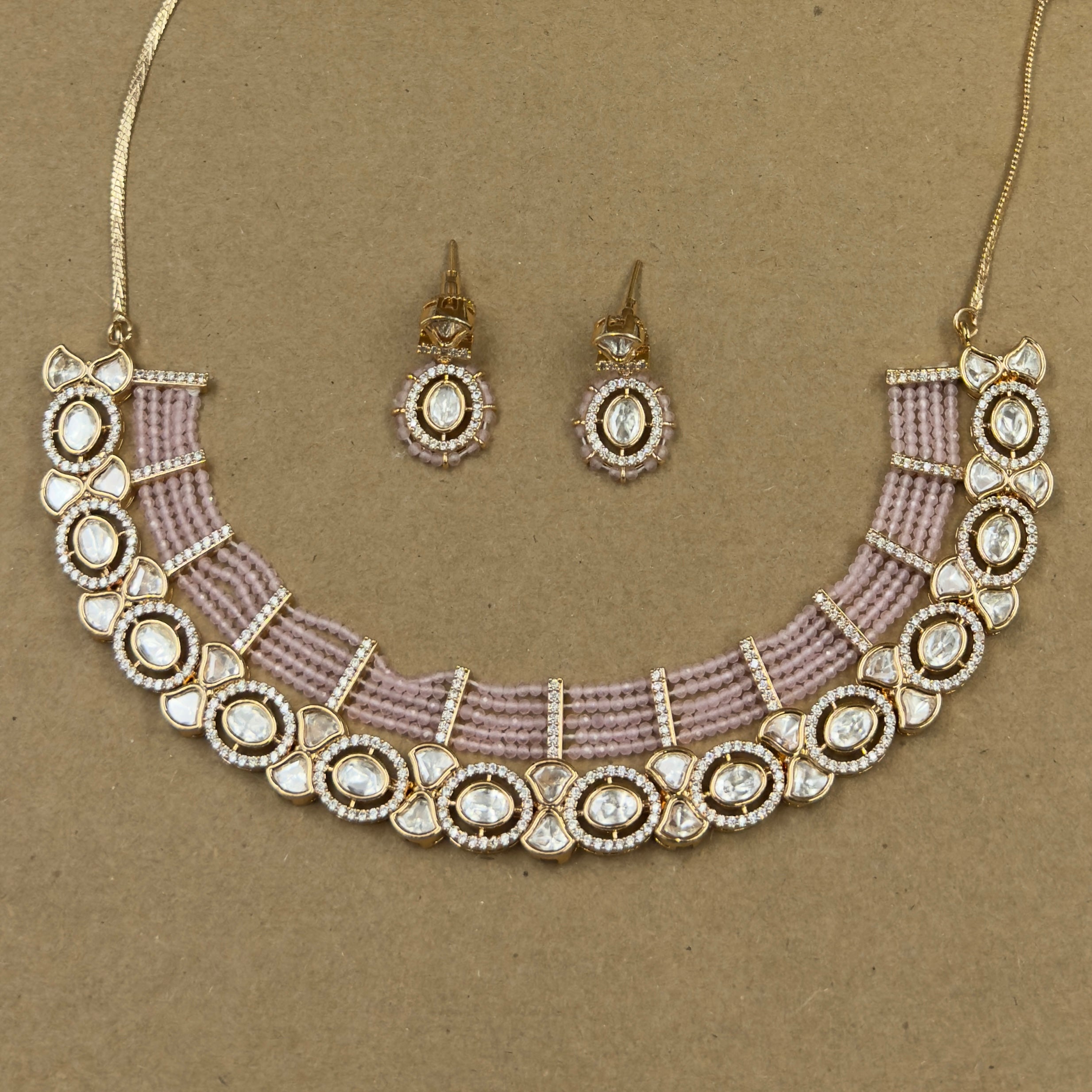 Ishani Pink Kundan Necklace Set with Earrings for Festive Wear