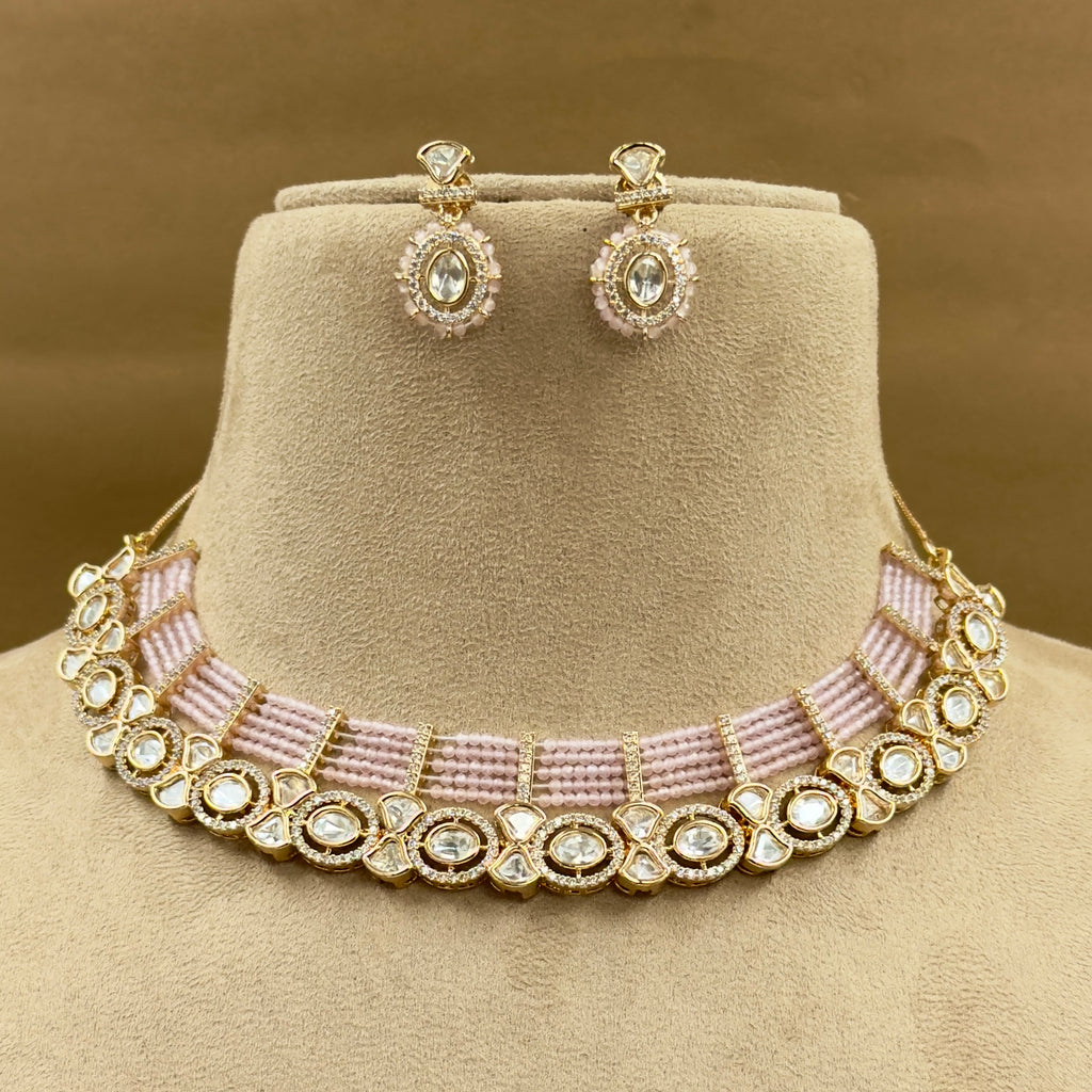 Ishani Pink Kundan Necklace Set with Earrings for Festive Wear