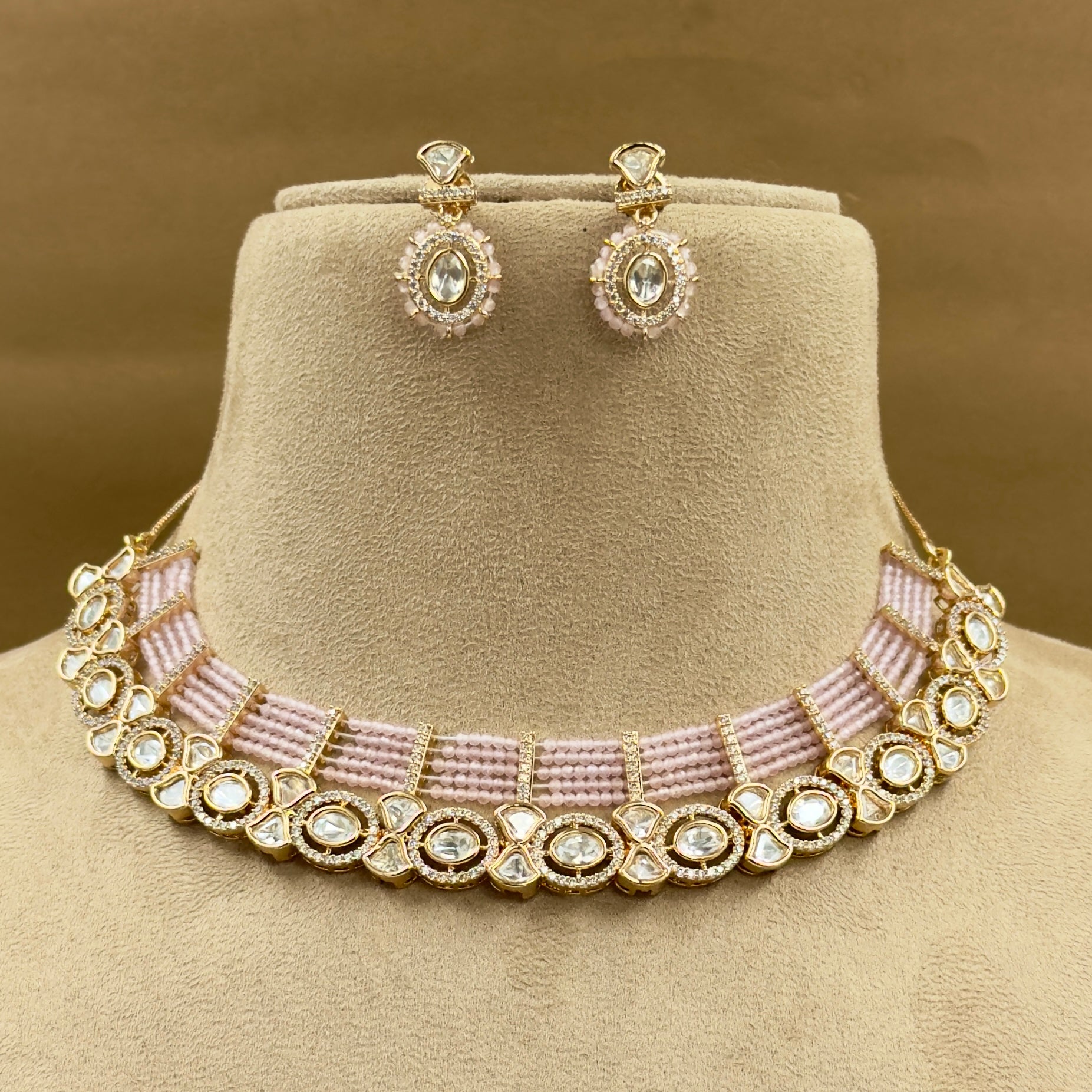Ishani Pink Kundan Necklace Set with Earrings for Festive Wear