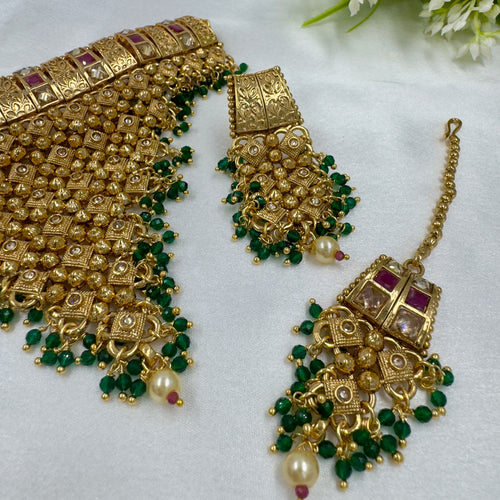 Jhanvi Emerald Gold Bridal Choker Set for Wedding, alternate angle
