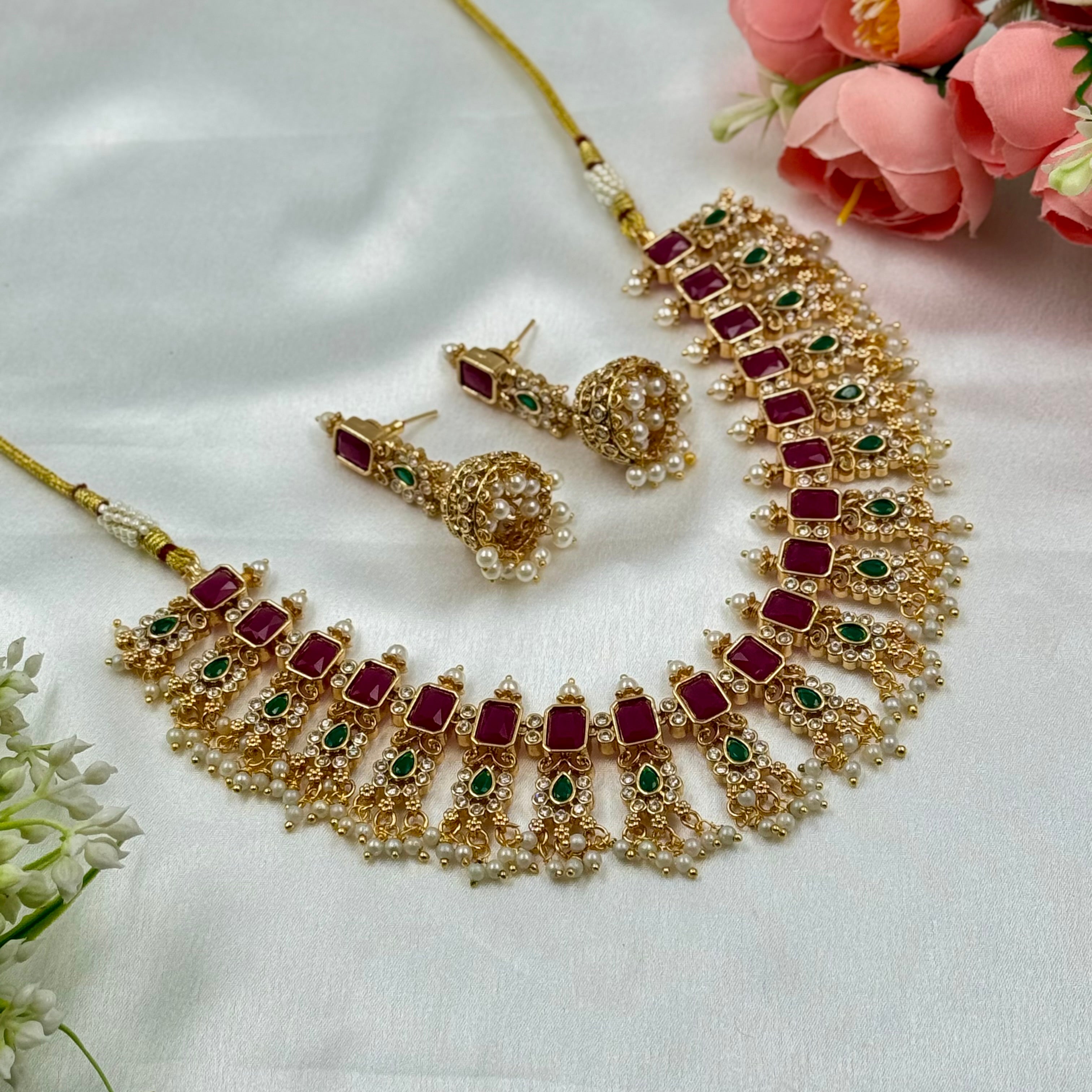 Royal Ruby & Emerald Kundan Choker Necklace Set with Pearl Drops – Traditional Bridal Jewellery