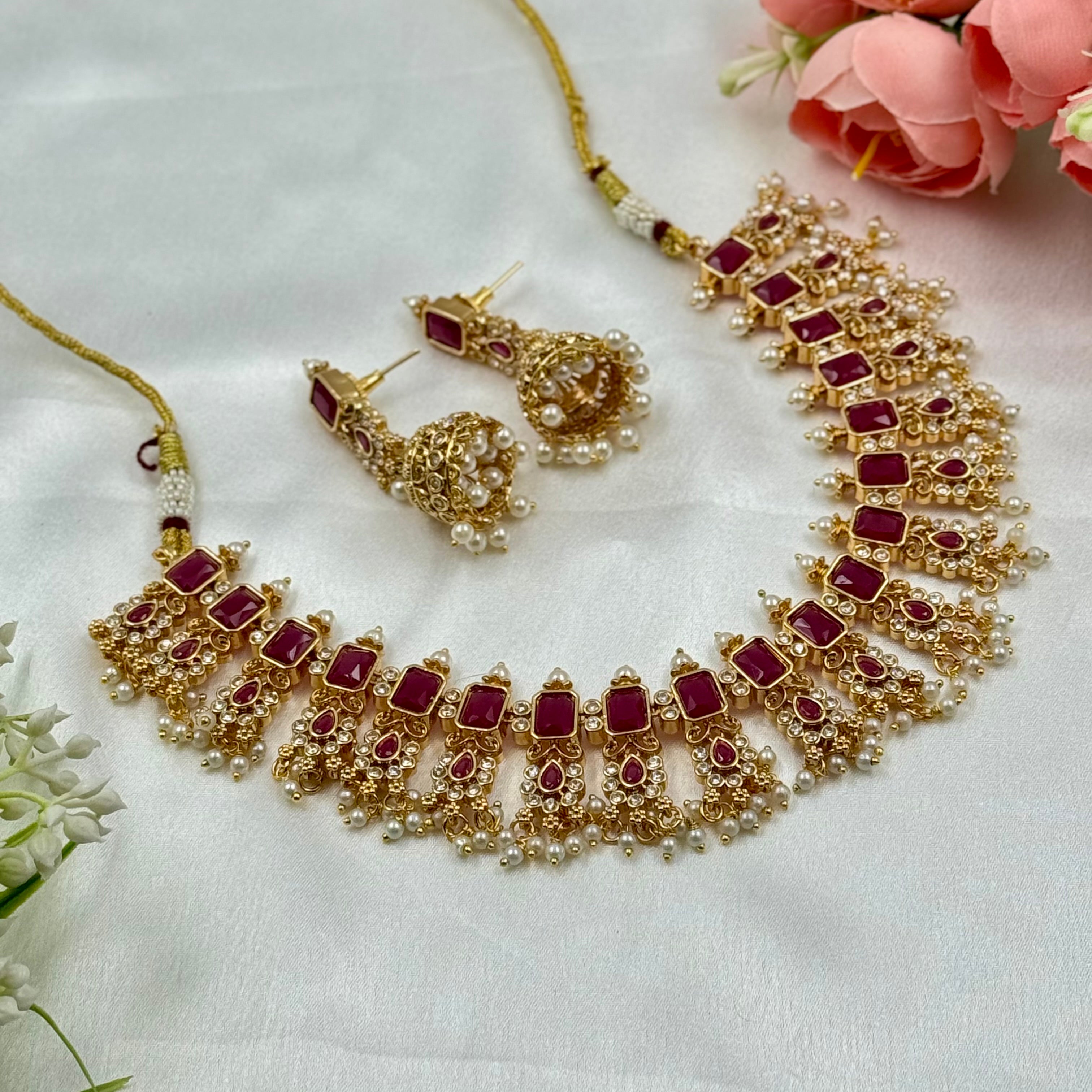 Ruby Kundan Choker Necklace with Pearls – Ethnic Wedding Jewellery Set