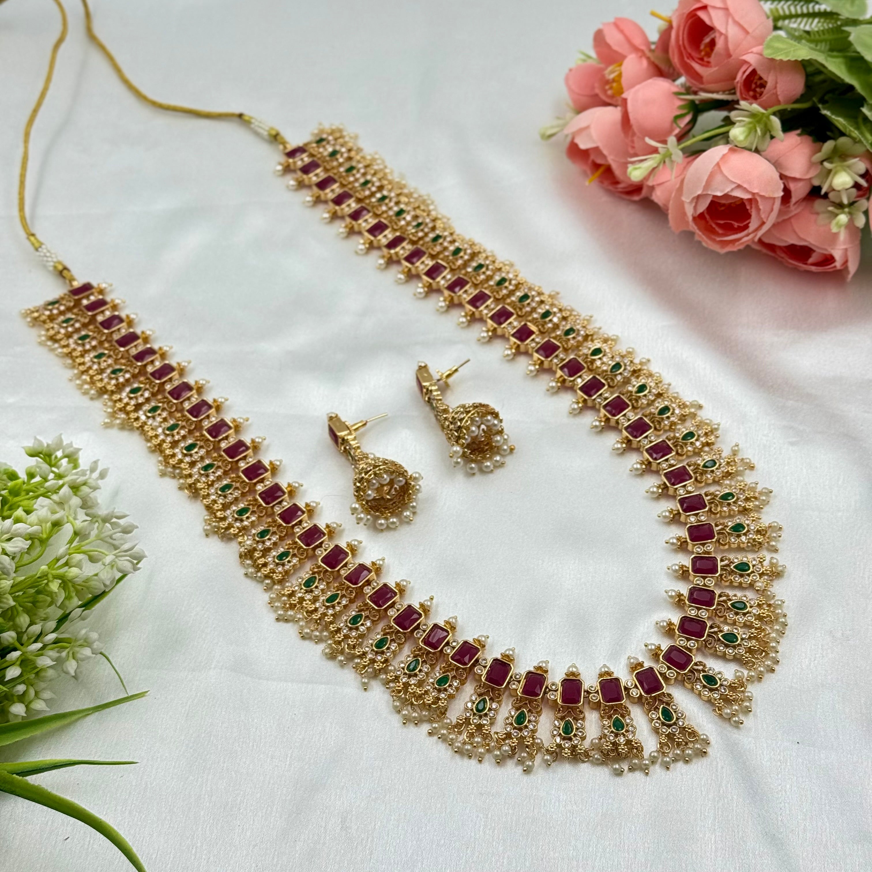 Grand Ruby & Emerald Kundan Long Choker Necklace with Pearls – Traditional Bridal Jewellery Set