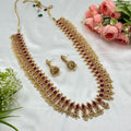 Traditional Ruby Kundan Long Choker Necklace with Pearl Drops – Wedding Jewellery Set