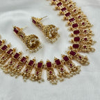 Traditional Ruby Kundan Long Choker Necklace with Pearl Drops – Wedding Jewellery Set
