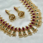 Grand Ruby & Emerald Kundan Long Choker Necklace with Pearls – Traditional Bridal Jewellery Set