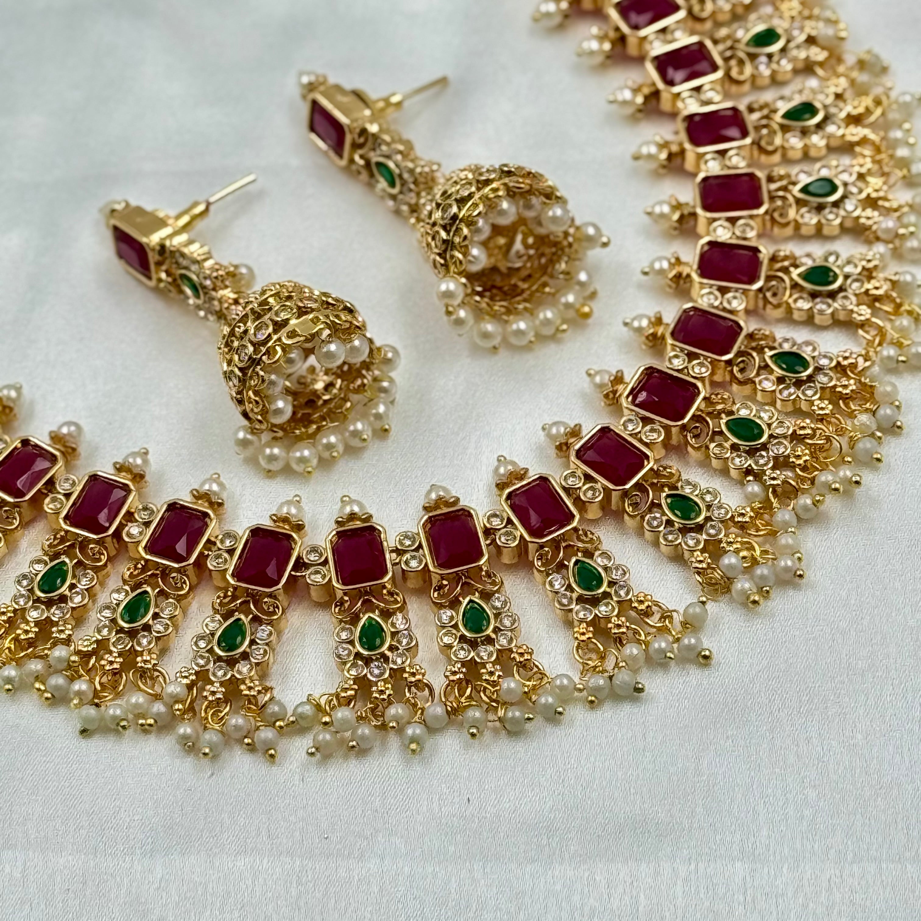 Royal Ruby & Emerald Kundan Choker Necklace Set with Pearl Drops – Traditional Bridal Jewellery