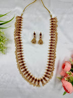 Traditional Ruby Kundan Long Choker Necklace with Pearl Drops – Wedding Jewellery Set