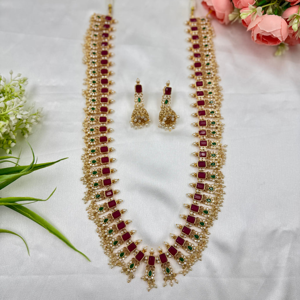 Grand Ruby & Emerald Kundan Long Choker Necklace with Pearls – Traditional Bridal Jewellery Set