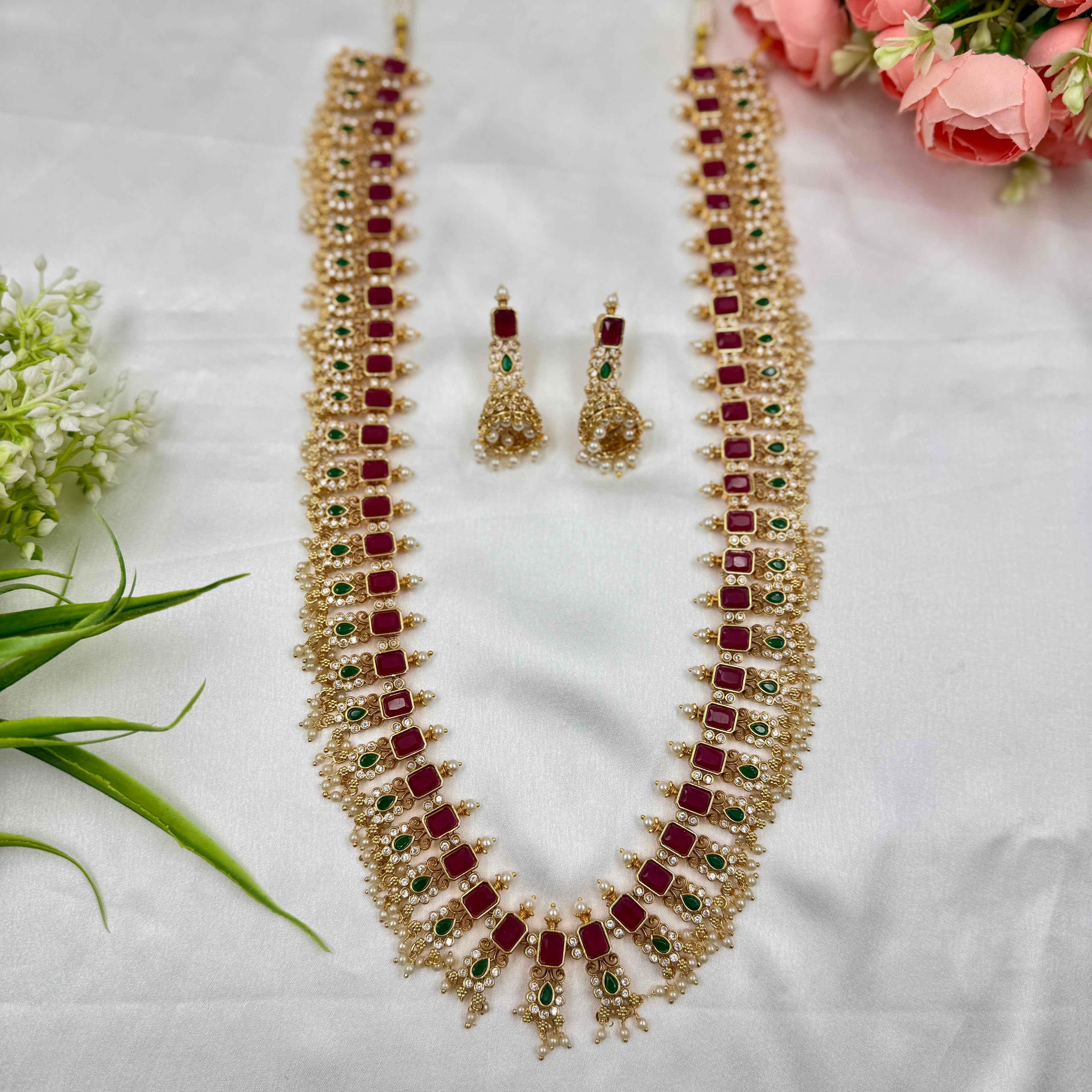 Grand Ruby & Emerald Kundan Long Choker Necklace with Pearls – Traditional Bridal Jewellery Set