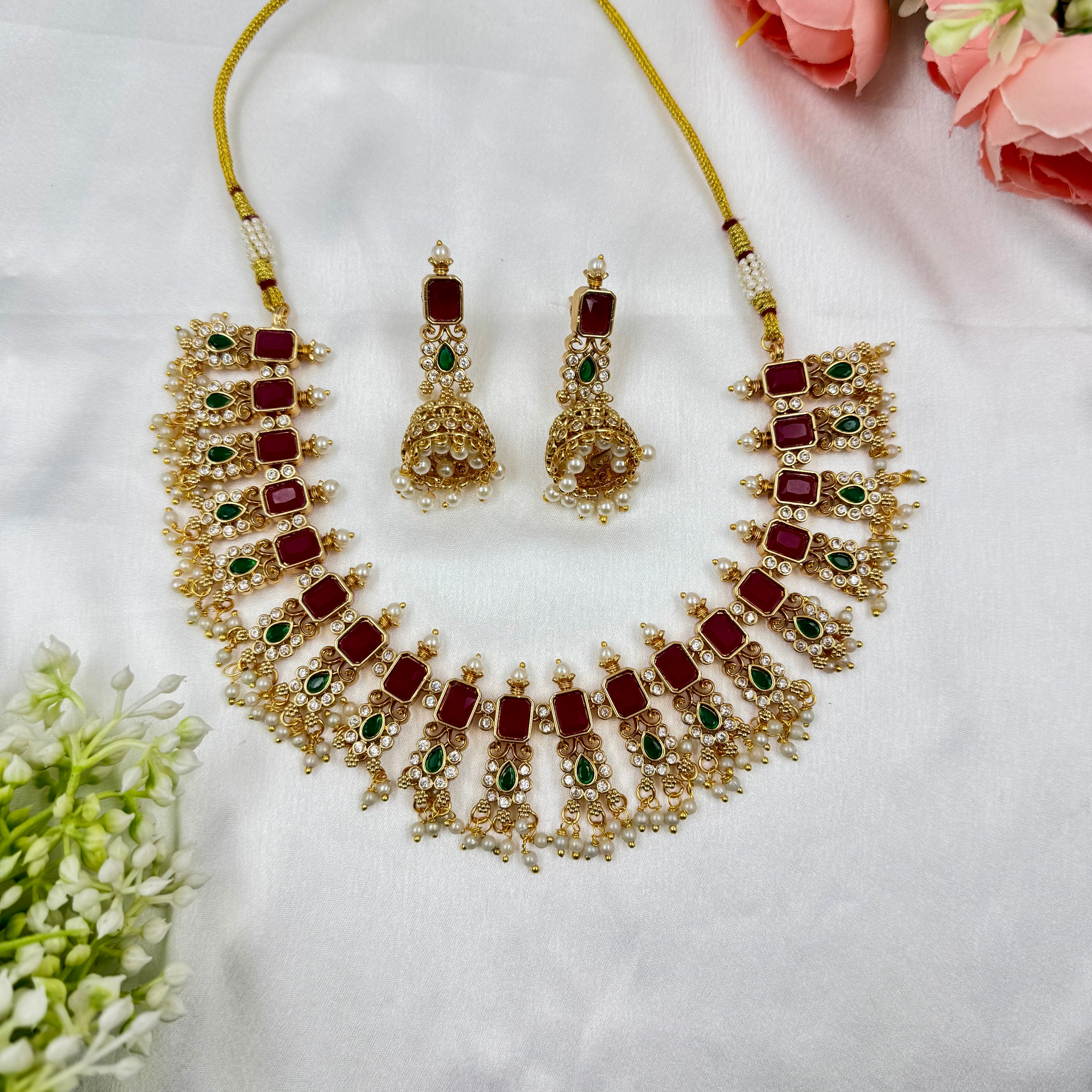 Royal Ruby & Emerald Kundan Choker Necklace Set with Pearl Drops – Traditional Bridal Jewellery