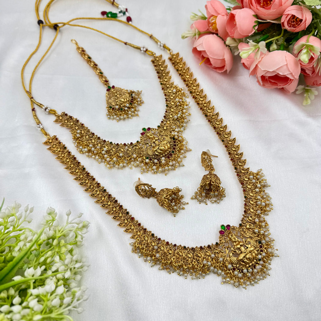 Traditional Lakshmi Temple Jewellery Set with Ruby , Green & Pearl – South Indian Bridal Collection